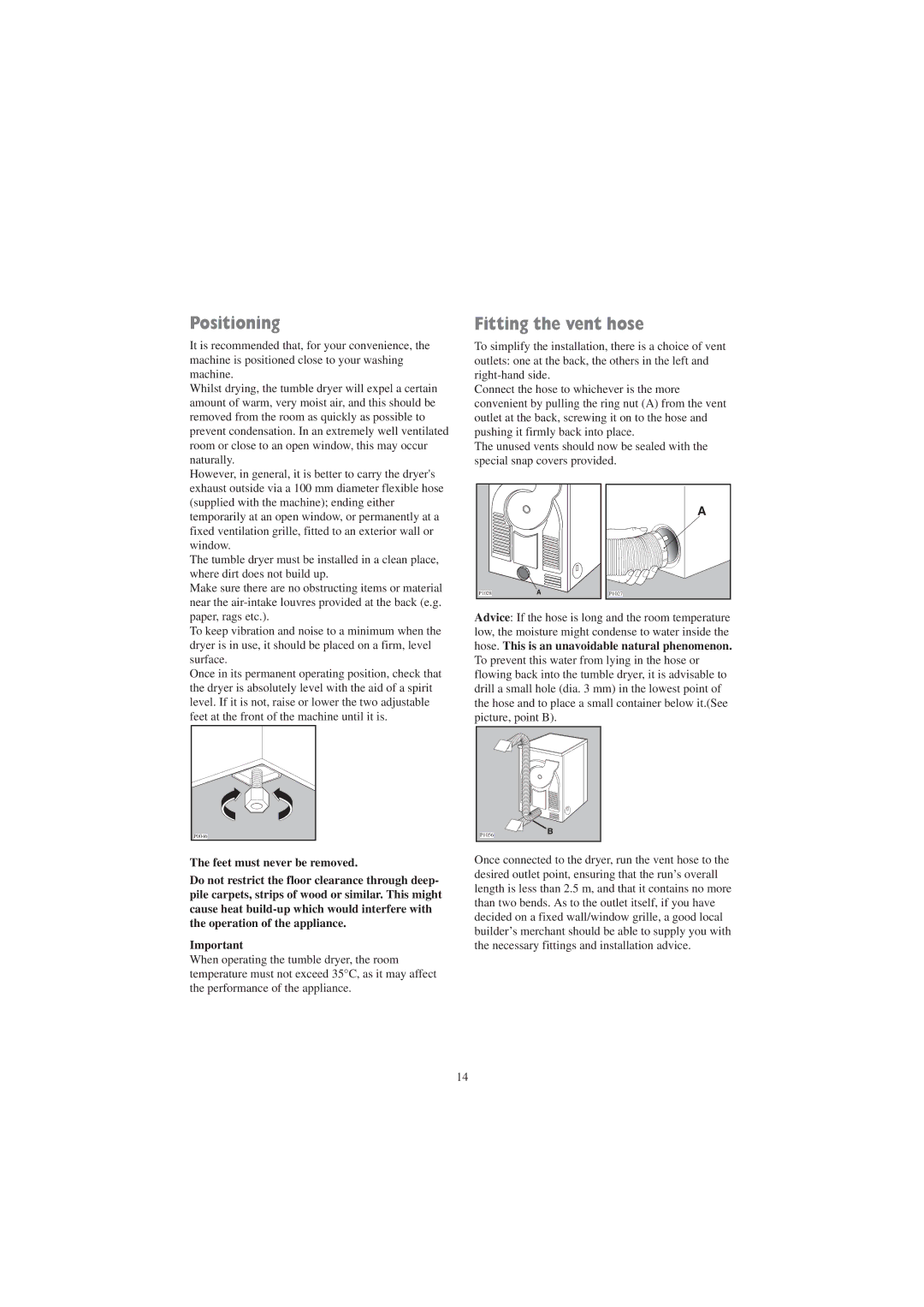 Zanussi TD 4212 W, TD 4113 W manual Positioning, Fitting the vent hose 