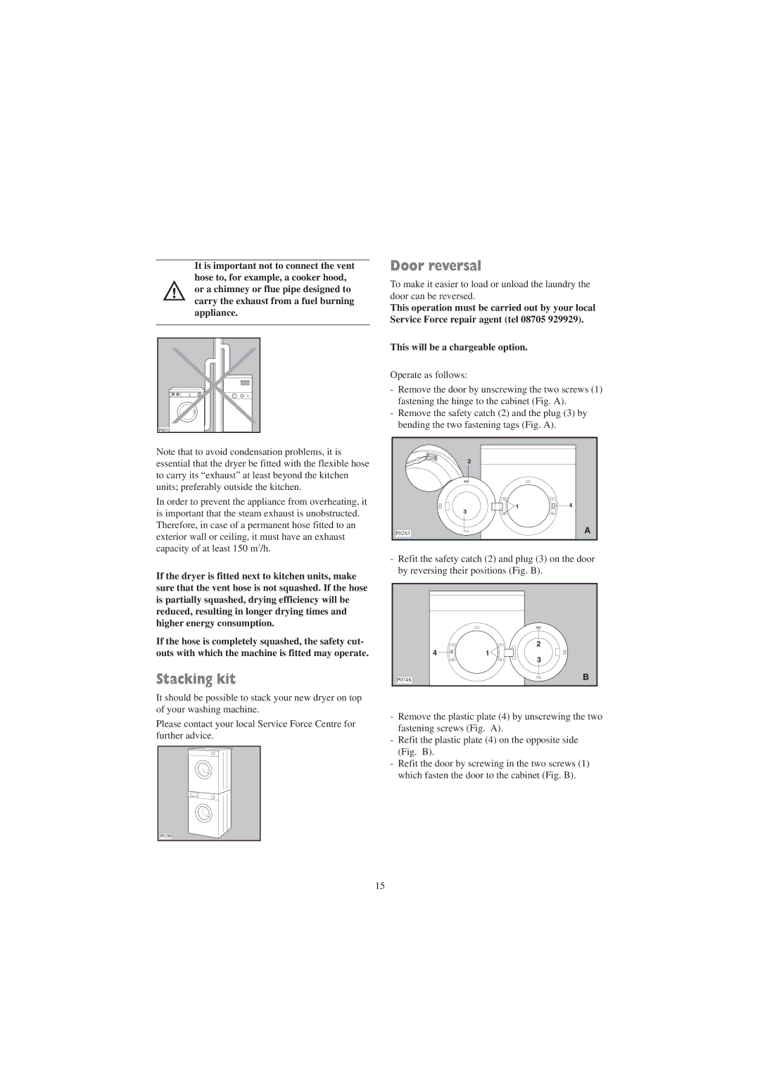 Zanussi TD 4113 W, TD 4212 W manual Door reversal, Stacking kit, This will be a chargeable option 