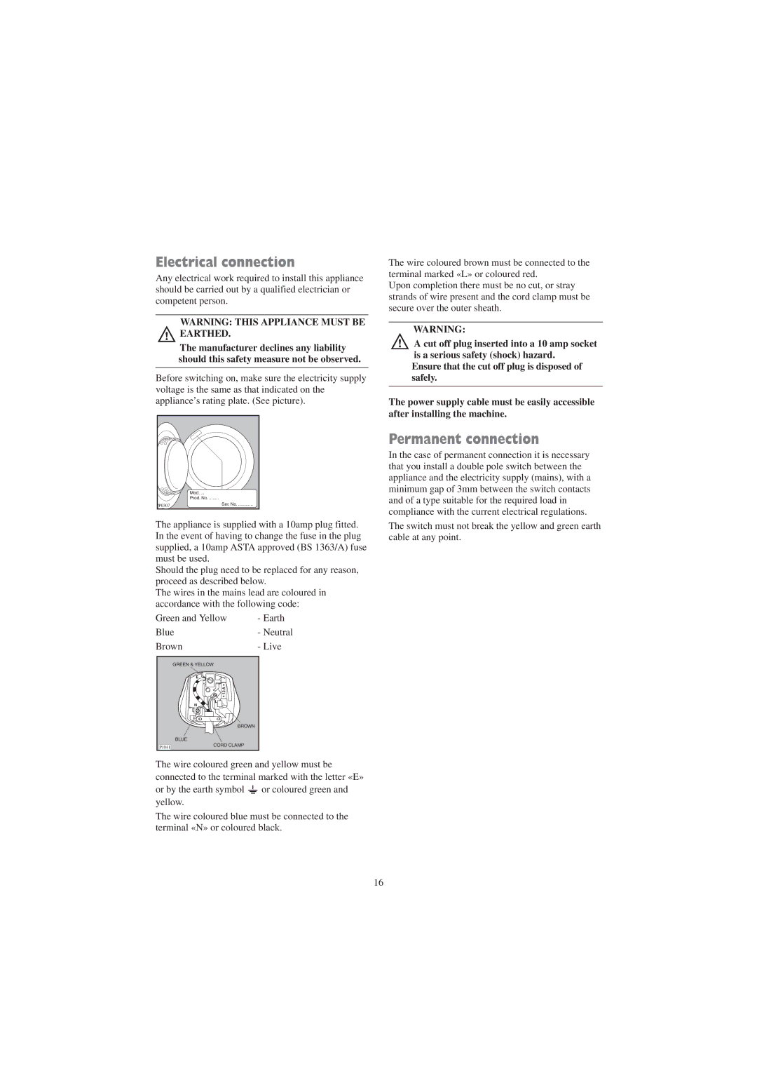 Zanussi TD 4212 W, TD 4113 W manual Electrical connection, Permanent connection 