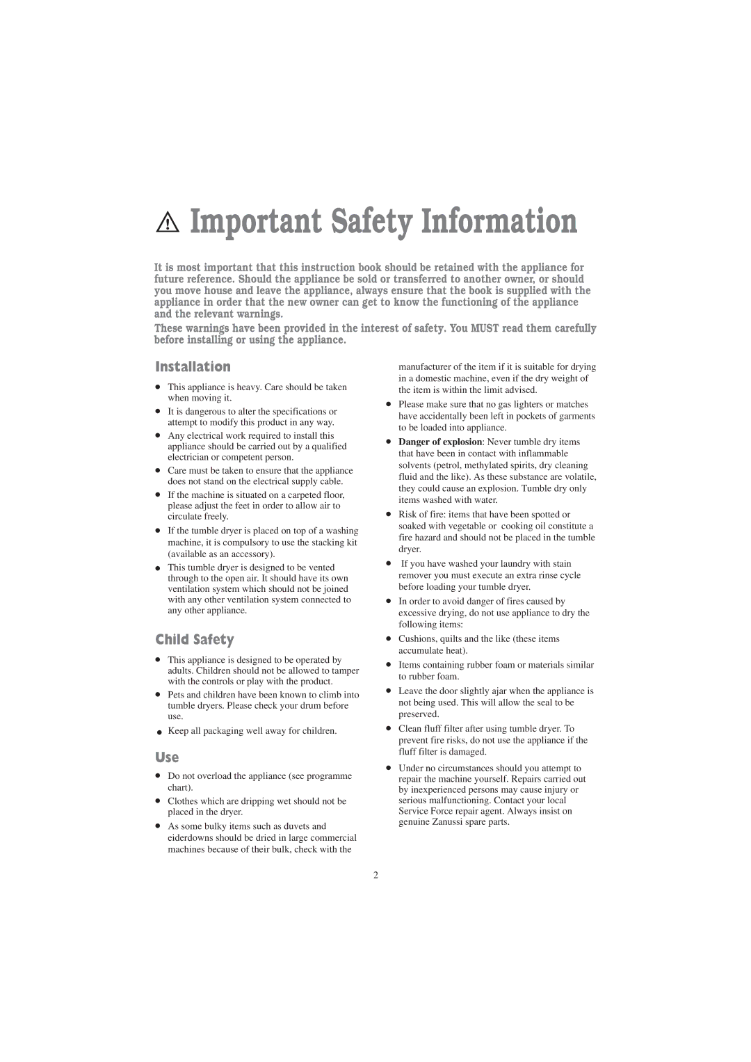 Zanussi TD 4212 W, TD 4113 W manual Important Safety Information, Installation, Child Safety, Use 