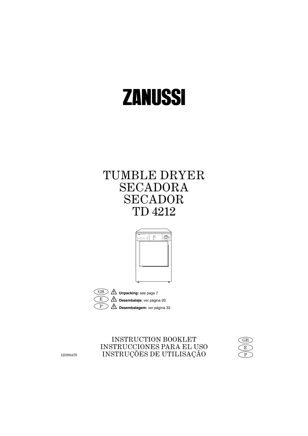 Zanussi TD 4212 manual Tumble Dryer Secadora 