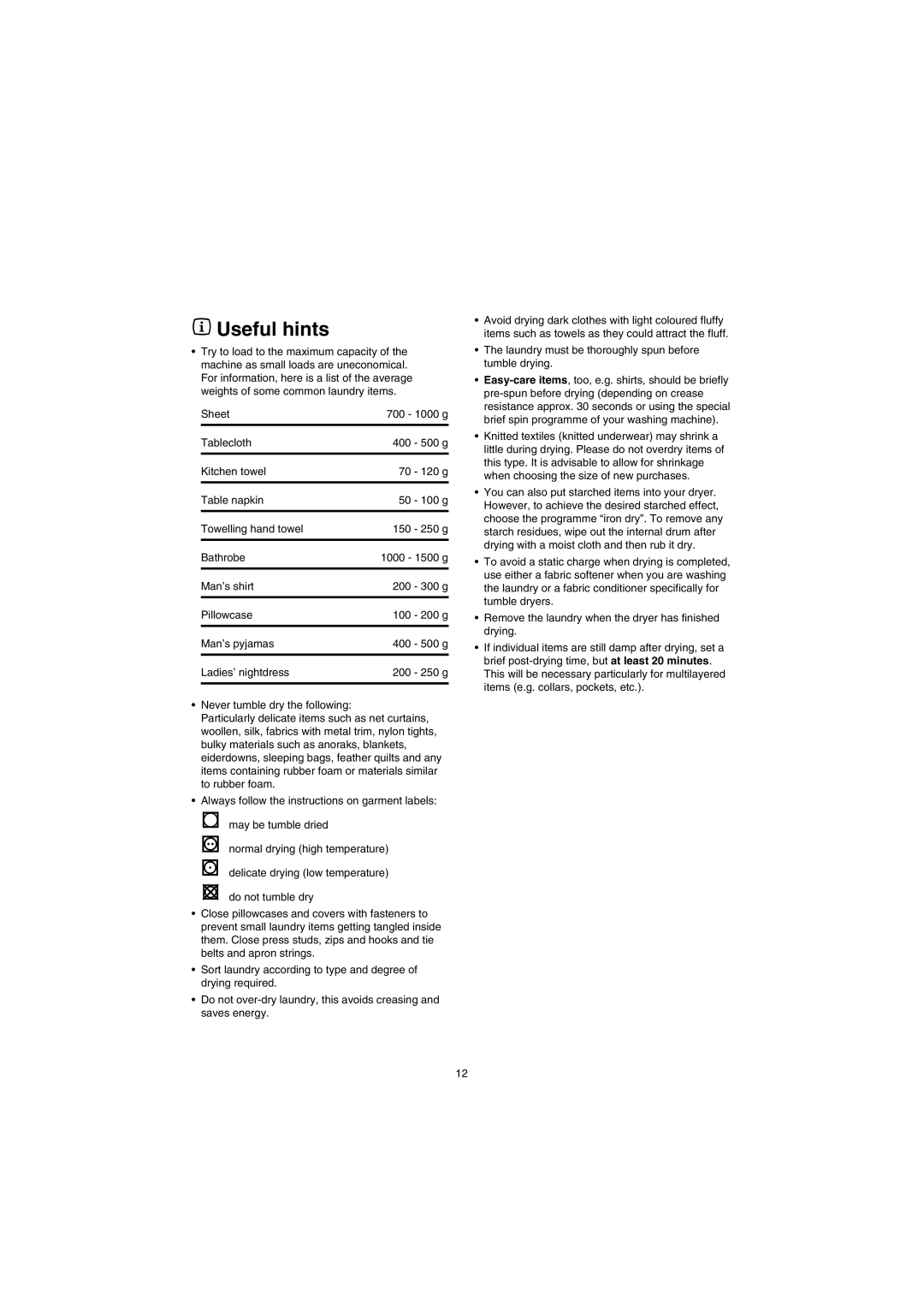 Zanussi TD 4212 manual Useful hints 