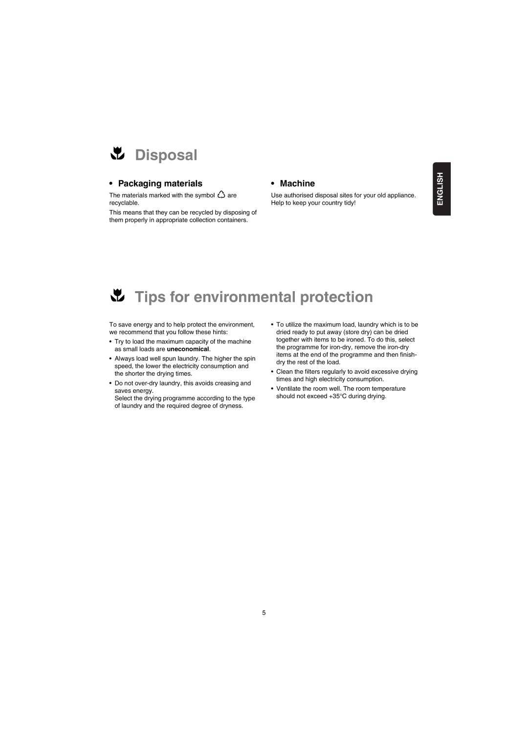 Zanussi TD 4212 manual Disposal, Tips for environmental protection, Packaging materials, Machine 