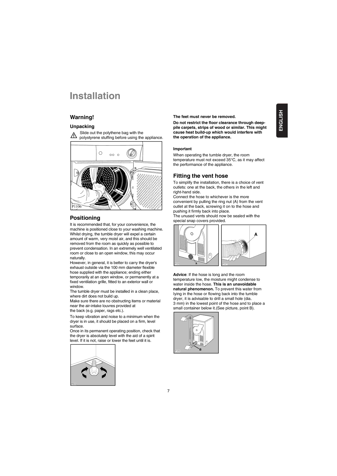 Zanussi TD 4212 manual Installation, Fitting the vent hose 