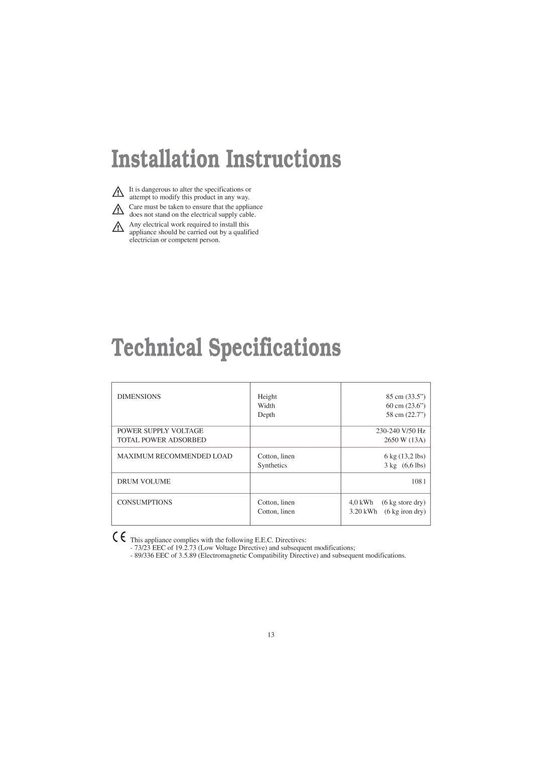 Zanussi TD 4213 W manual Installation Instructions, Technical Specifications 