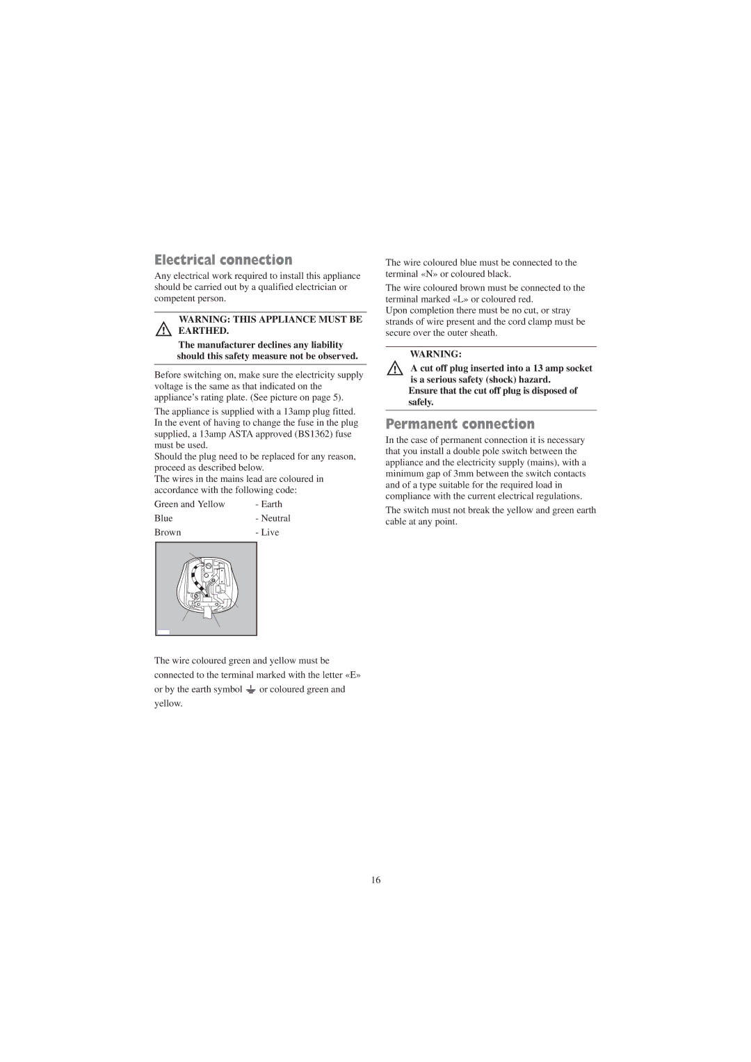 Zanussi TD 4213 W manual Electrical connection, Permanent connection 