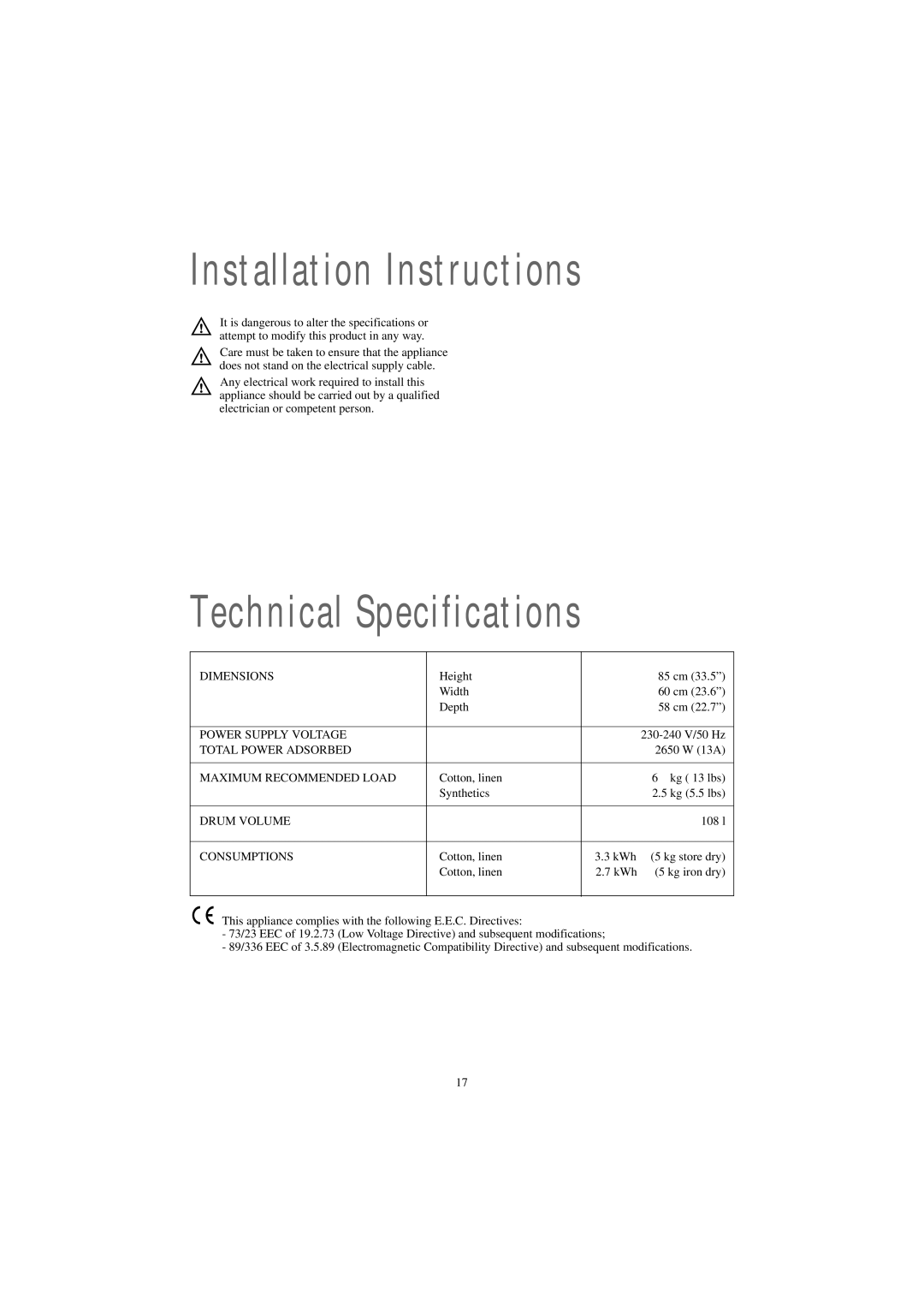 Zanussi TDE 4224 W manual Installation Instructions, Technical Specifications 