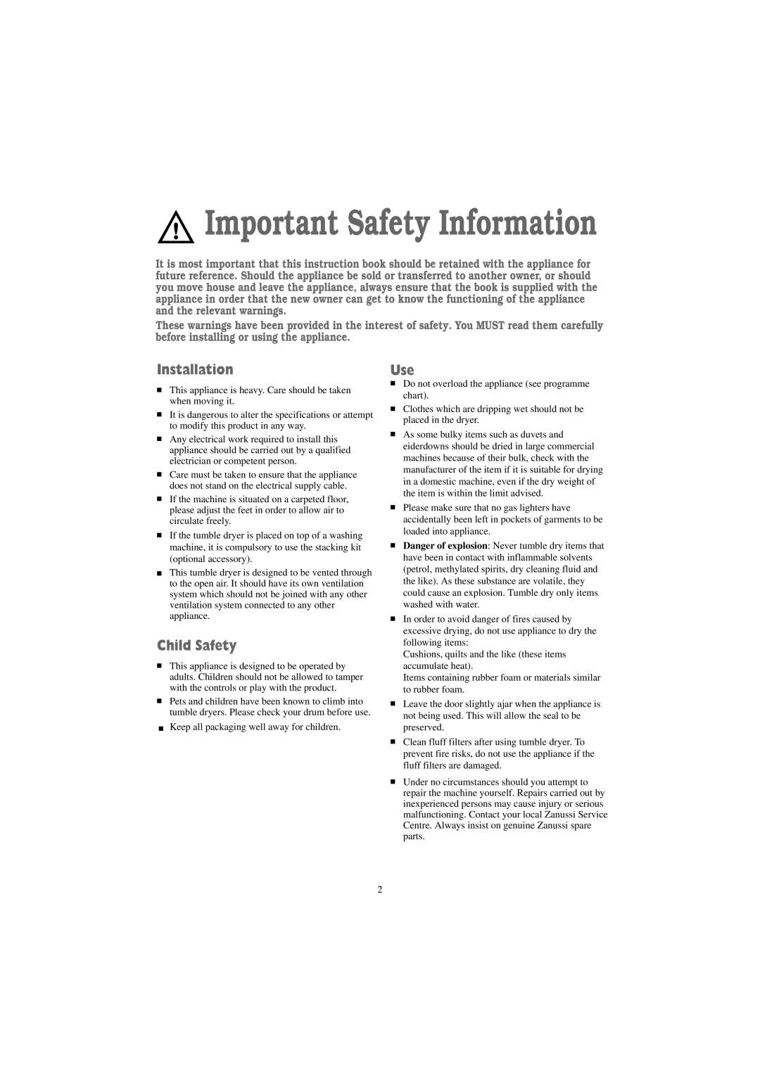 Zanussi TDE 4224 W manual Installation, Child Safety, Use 