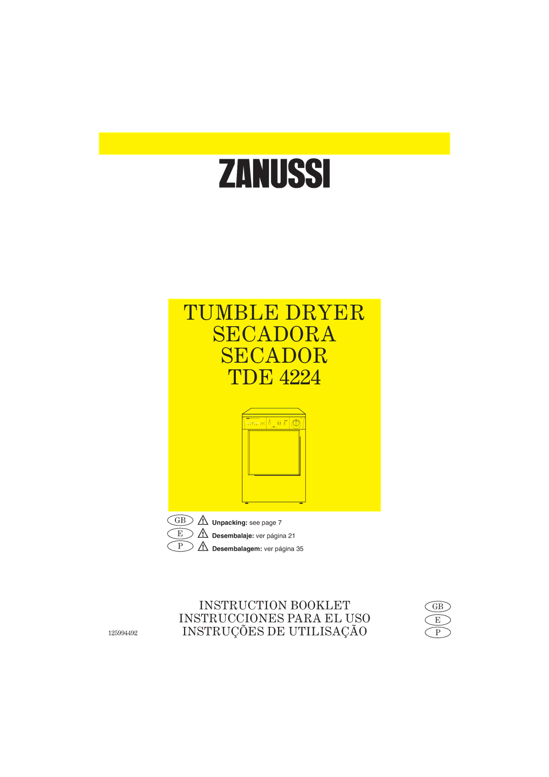 Zanussi TDE 4224 manual Tumble Dryer Secadora 