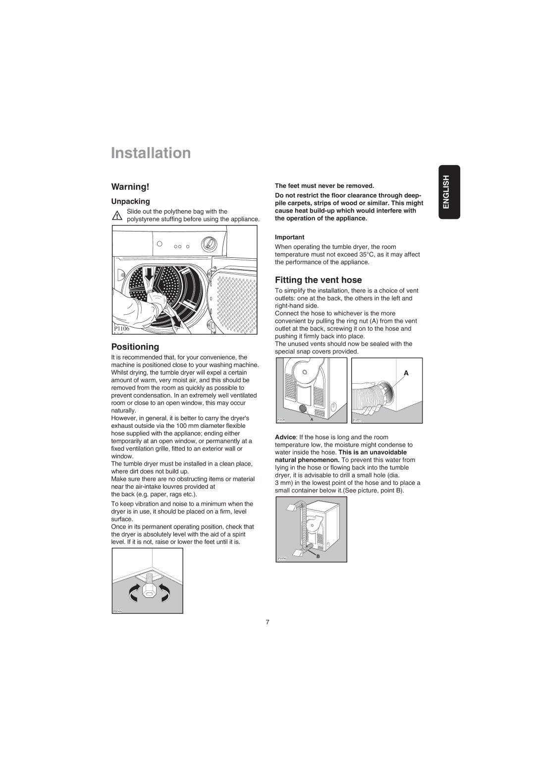 Zanussi TDE 4224 manual Installation, Fitting the vent hose, Unpacking 