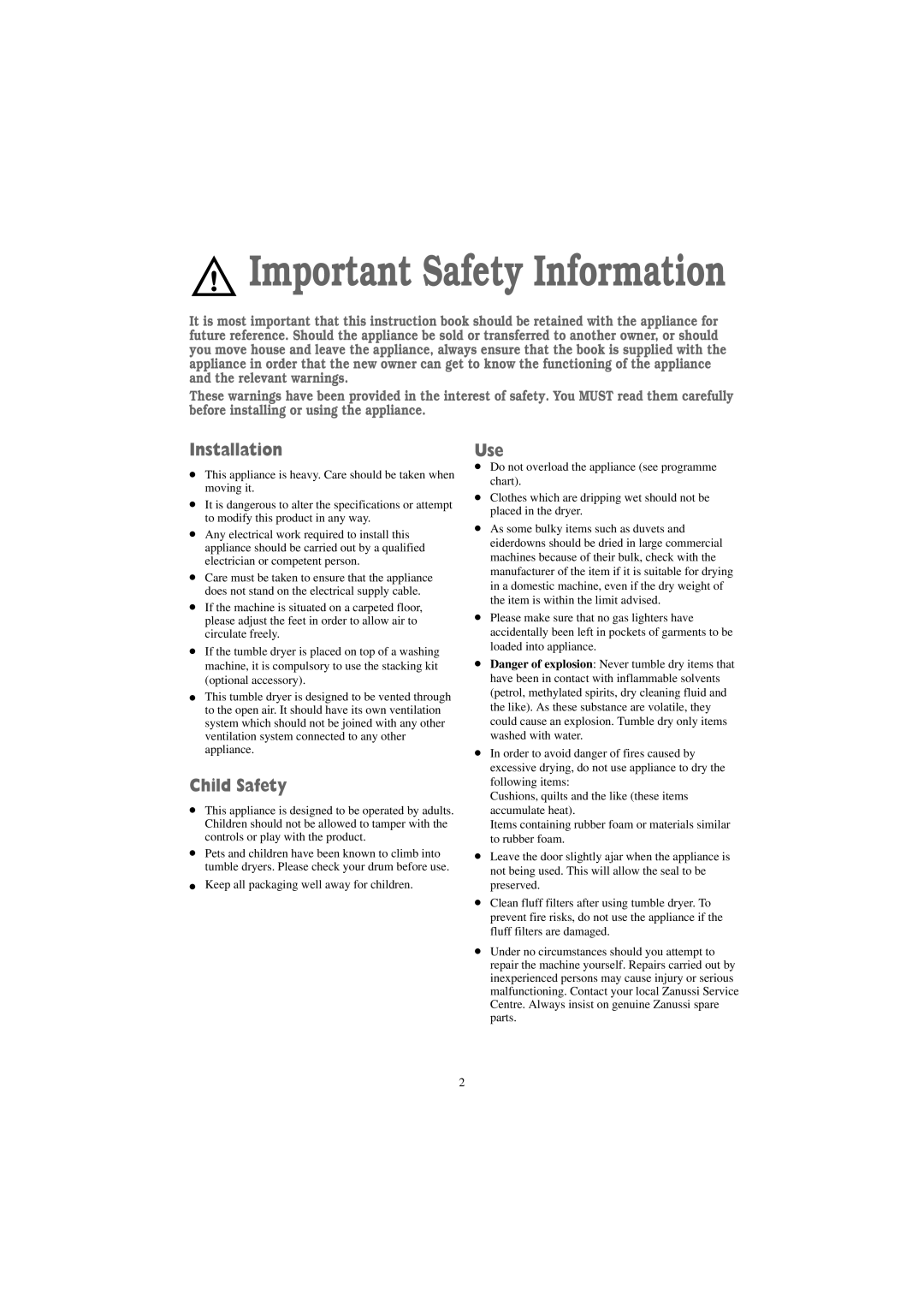 Zanussi TDE 4234 W manual Installation, Child Safety, Use 