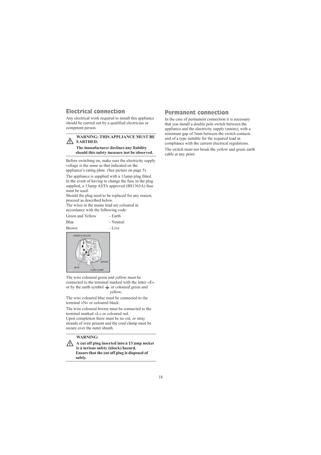 Zanussi TDE 4235 W manual Electrical connection, Permanent connection 