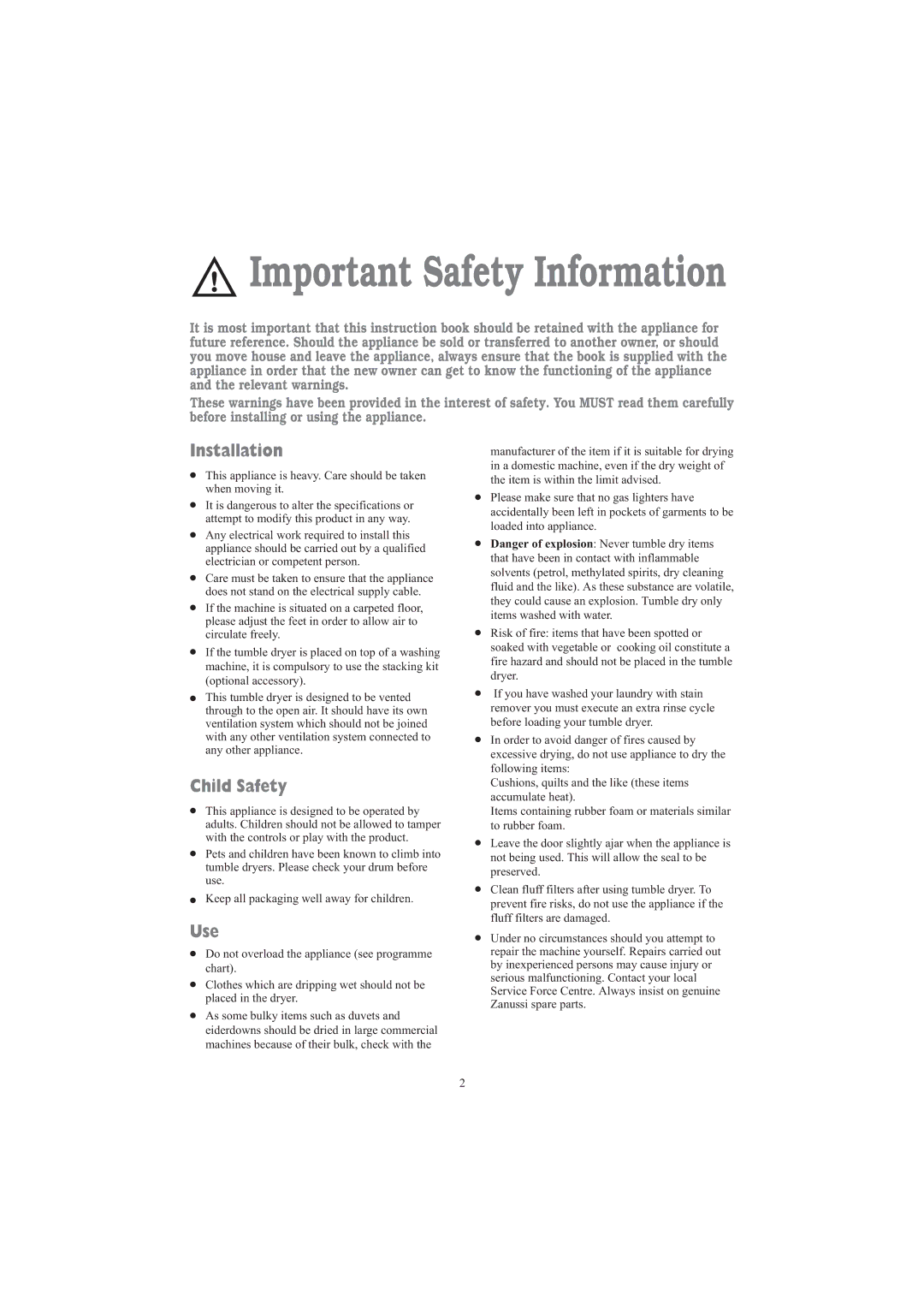 Zanussi TDE 4235 W manual Installation, Child Safety, Use 