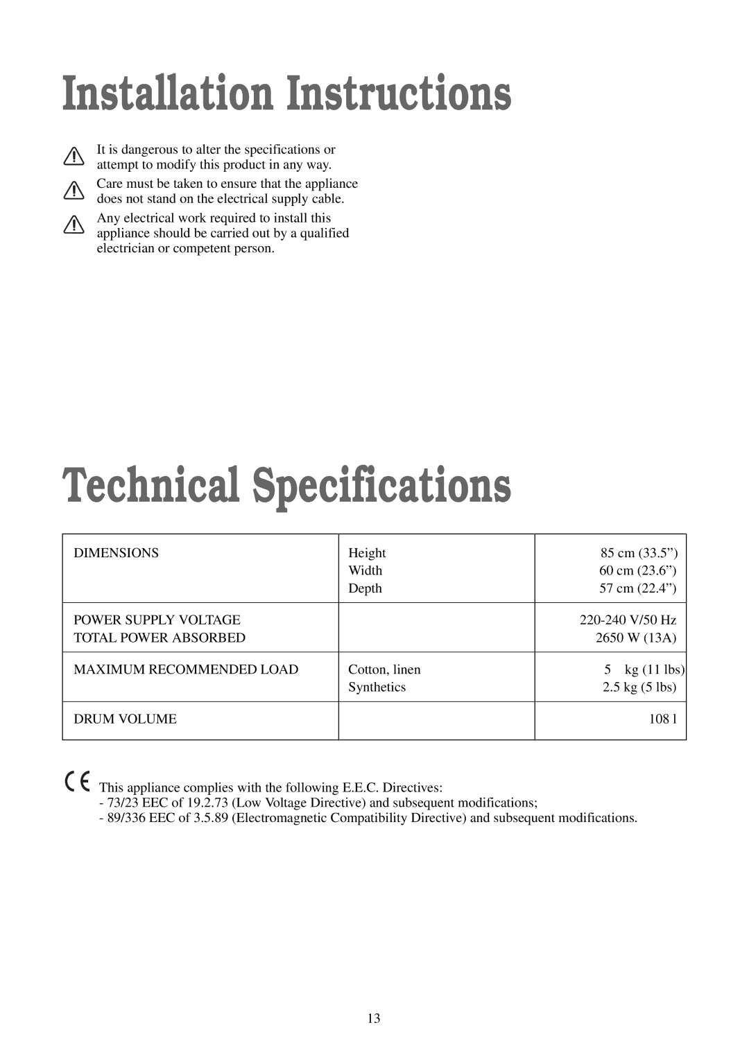 Zanussi TDS 280 W manual Installation Instructions, Technical Specifications 