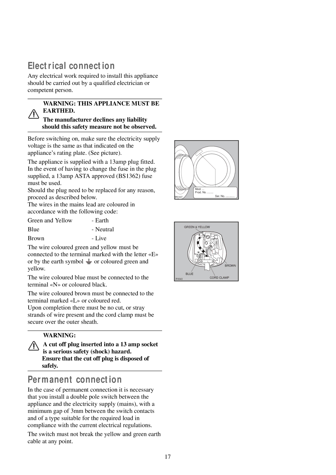 Zanussi TDS 280 W manual Electrical connection, Permanent connection 