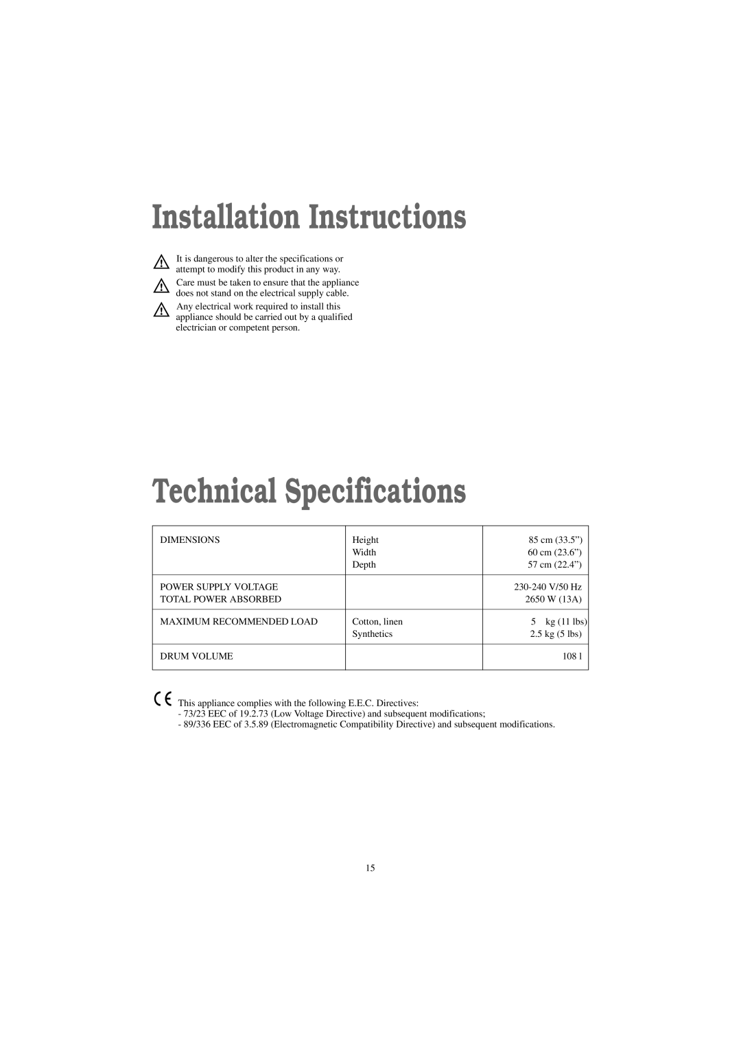 Zanussi TDS 281 W manual Installation Instructions, Technical Specifications 