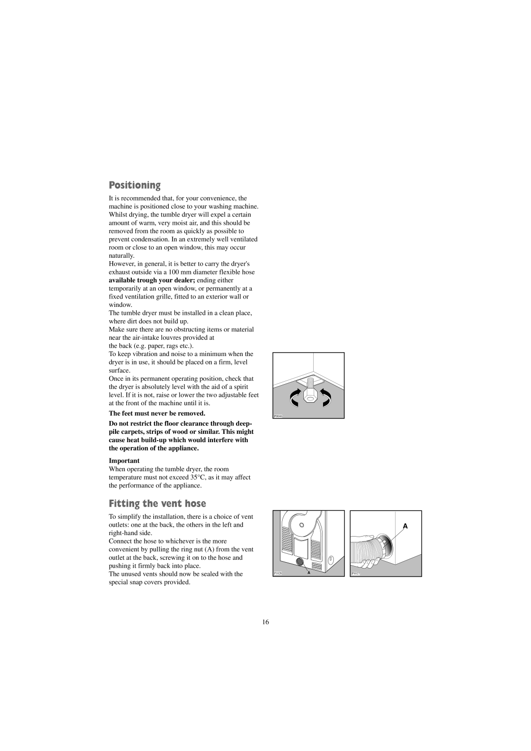 Zanussi TDS 281 W manual Positioning, Fitting the vent hose 