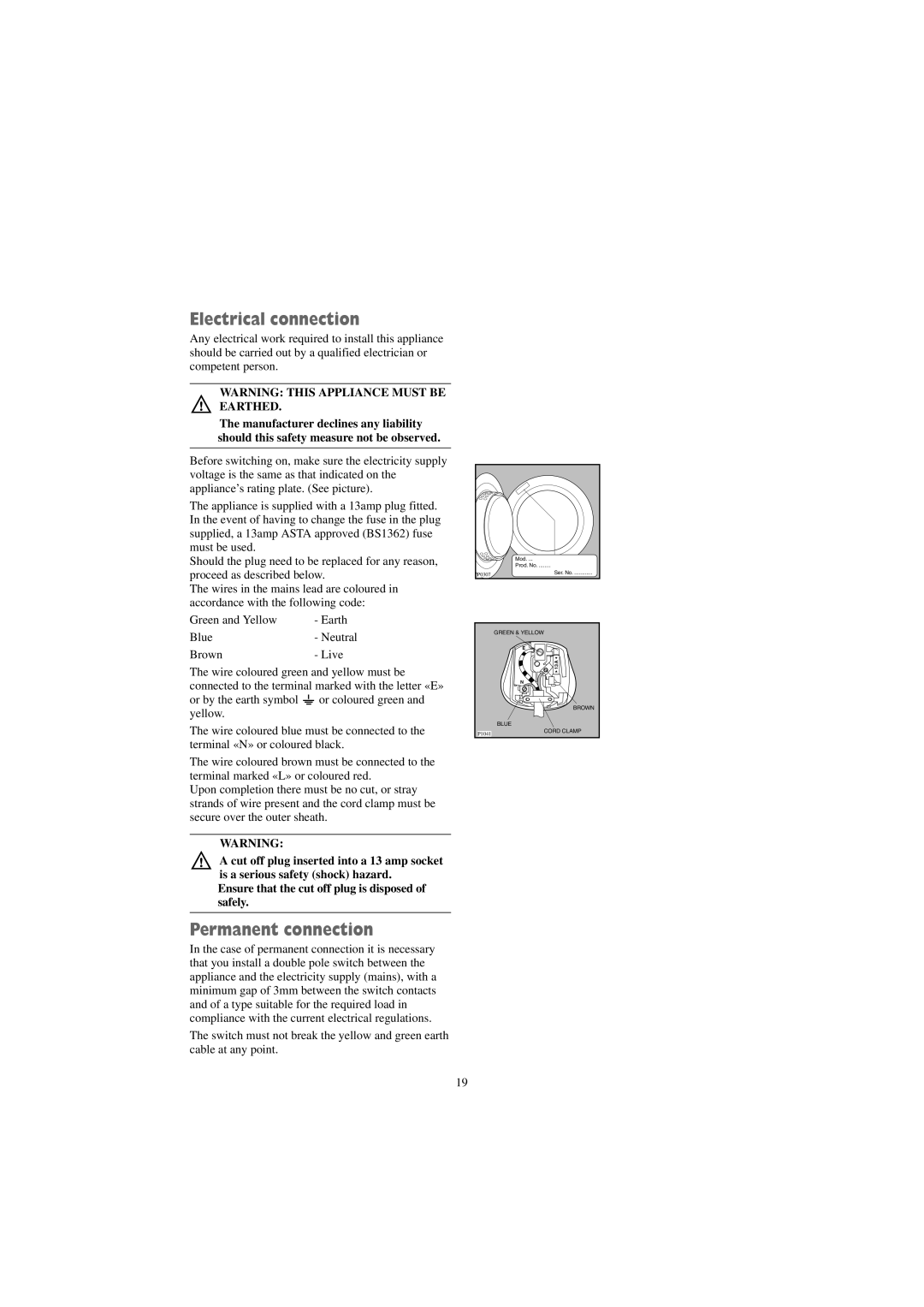 Zanussi TDS 281 W manual Electrical connection, Permanent connection 