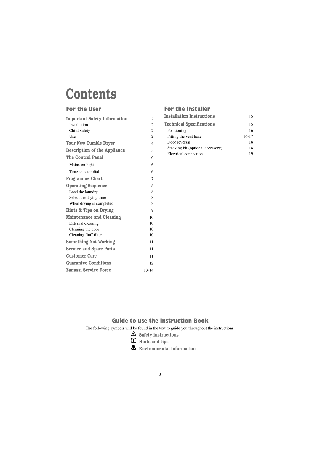 Zanussi TDS 281 W manual Contents 