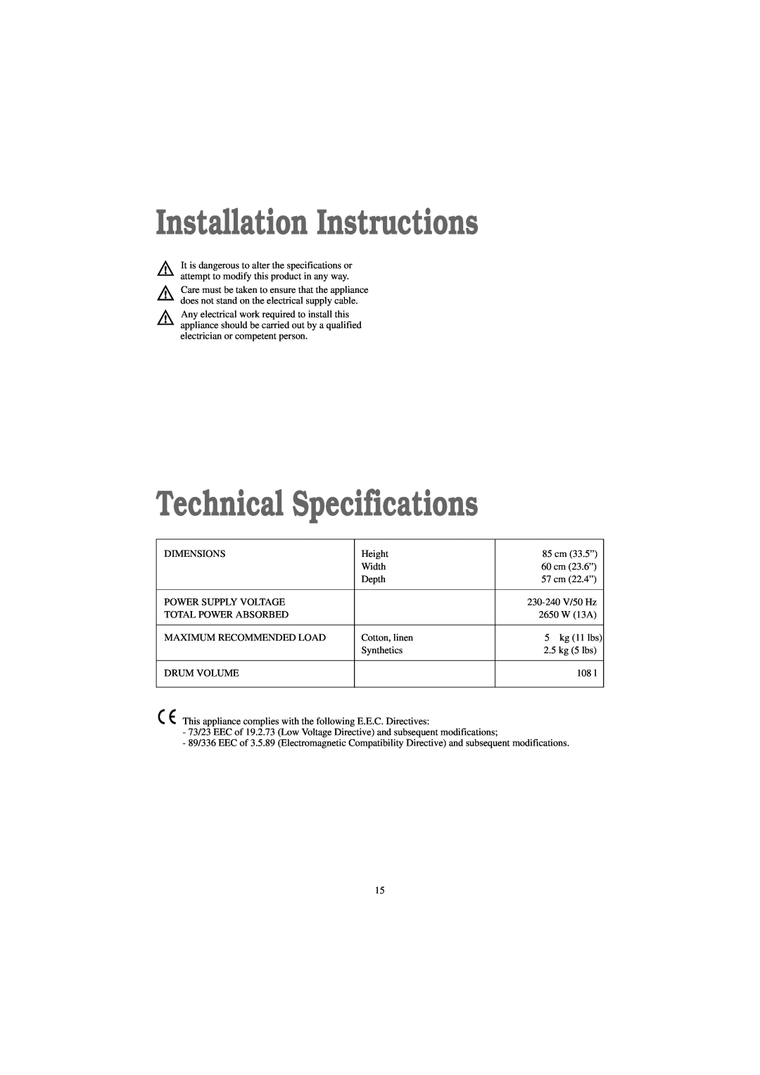 Zanussi TDS 281 W manual Installation Instructions, Technical Specifications 