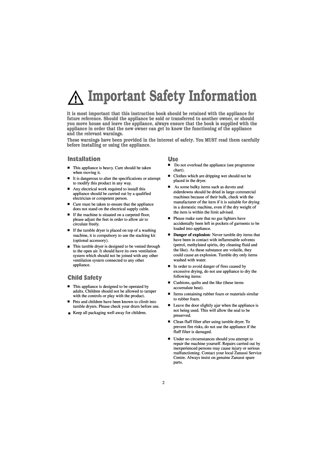 Zanussi TDS 281 W manual Installation, Child Safety, Important Safety Information 