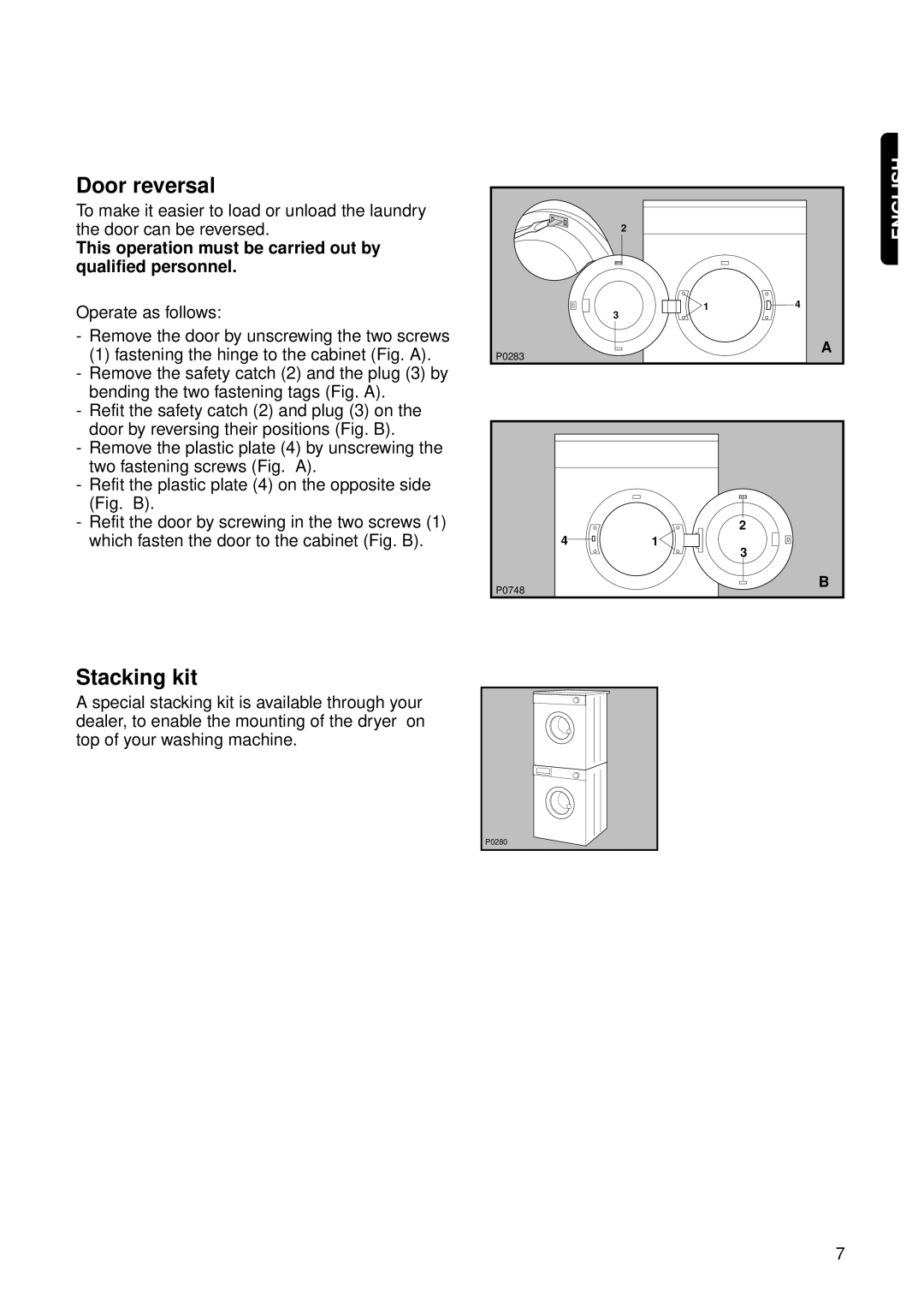 Zanussi TDS 372T manual Door reversal, Stacking kit, This operation must be carried out by qualified personnel 