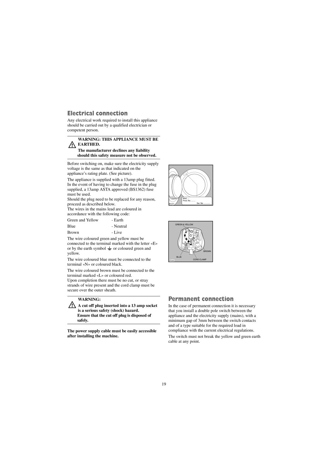 Zanussi TDS 382 W manual Electrical connection, Permanent connection 