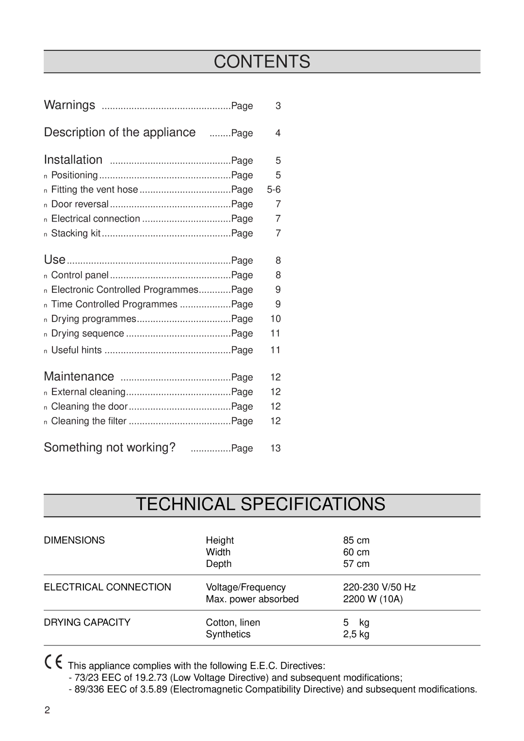 Zanussi TDS 473E manual Technical Specifications, Contents 