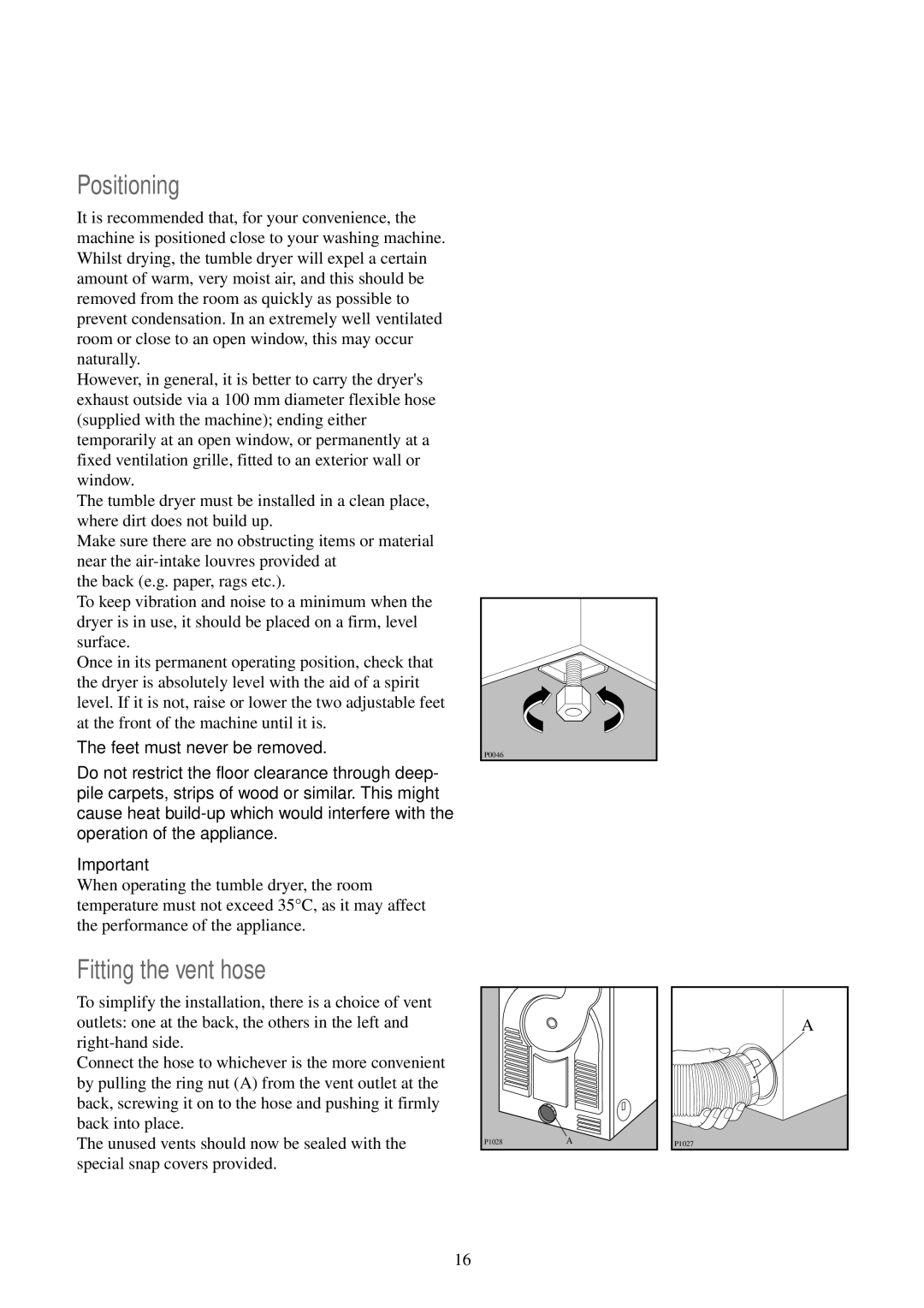 Zanussi TDS 483 EW manual Positioning, Fitting the vent hose 