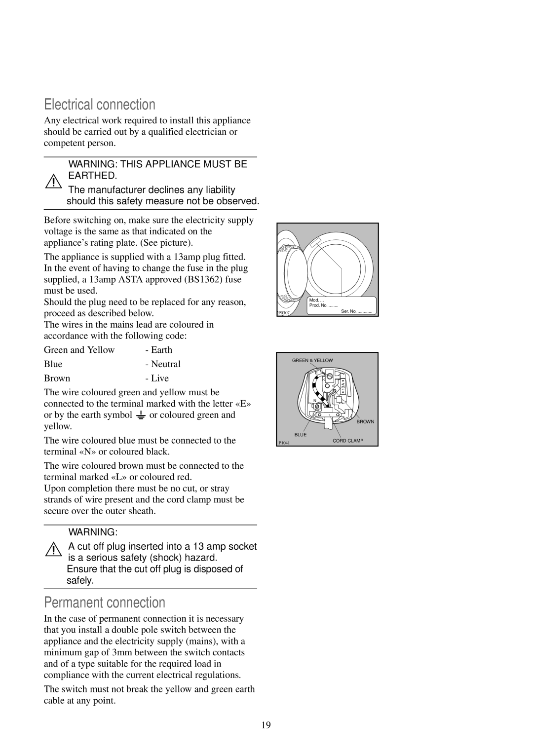 Zanussi TDS 483 EW manual Electrical connection, Permanent connection 