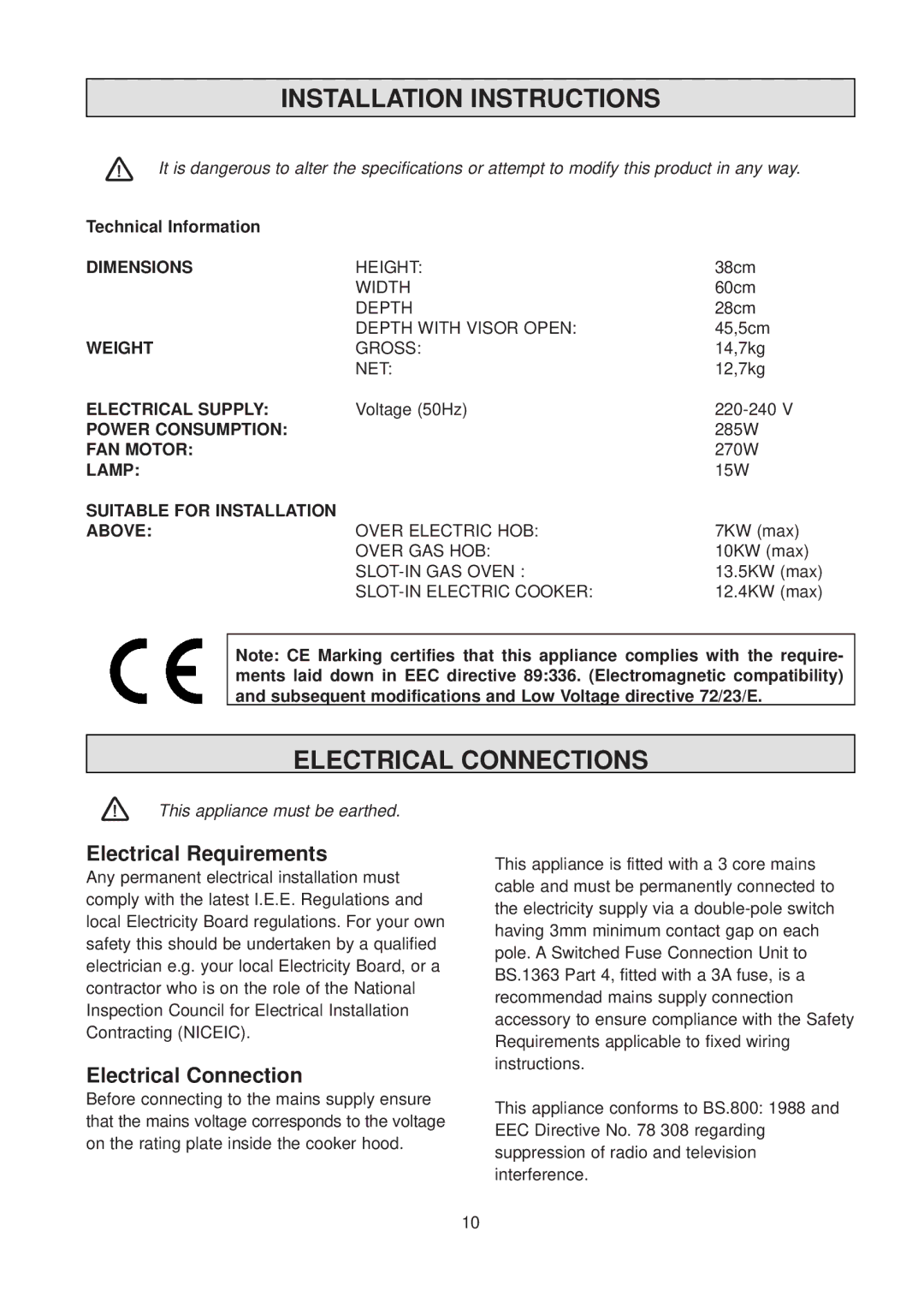 Zanussi TH 500 manual Installation Instructions, Electrical Connections, Electrical Requirements 