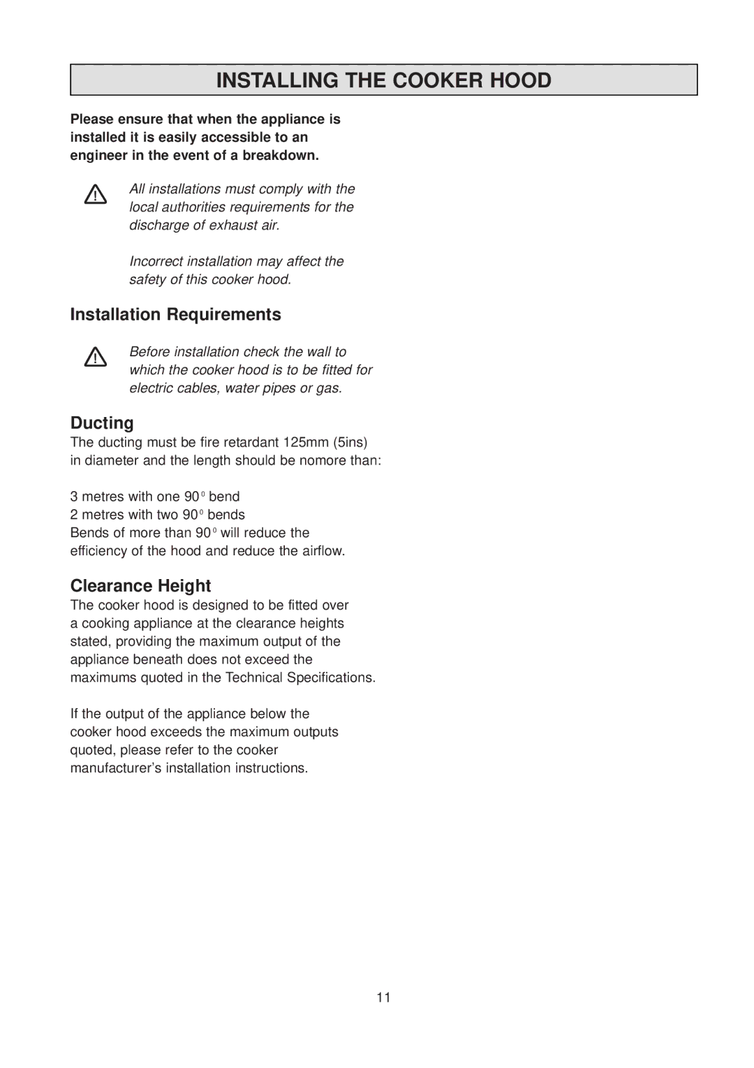 Zanussi TH 500 manual Installing the Cooker Hood, Installation Requirements, Ducting, Clearance Height 