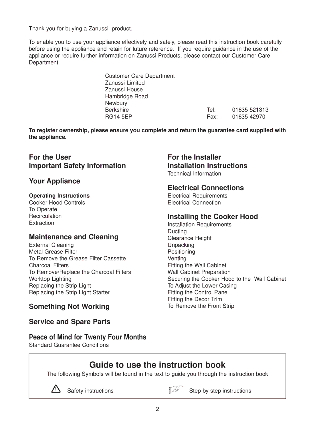 Zanussi TH 500 manual Electrical Connections, Installing the Cooker Hood, Maintenance and Cleaning, Something Not Working 