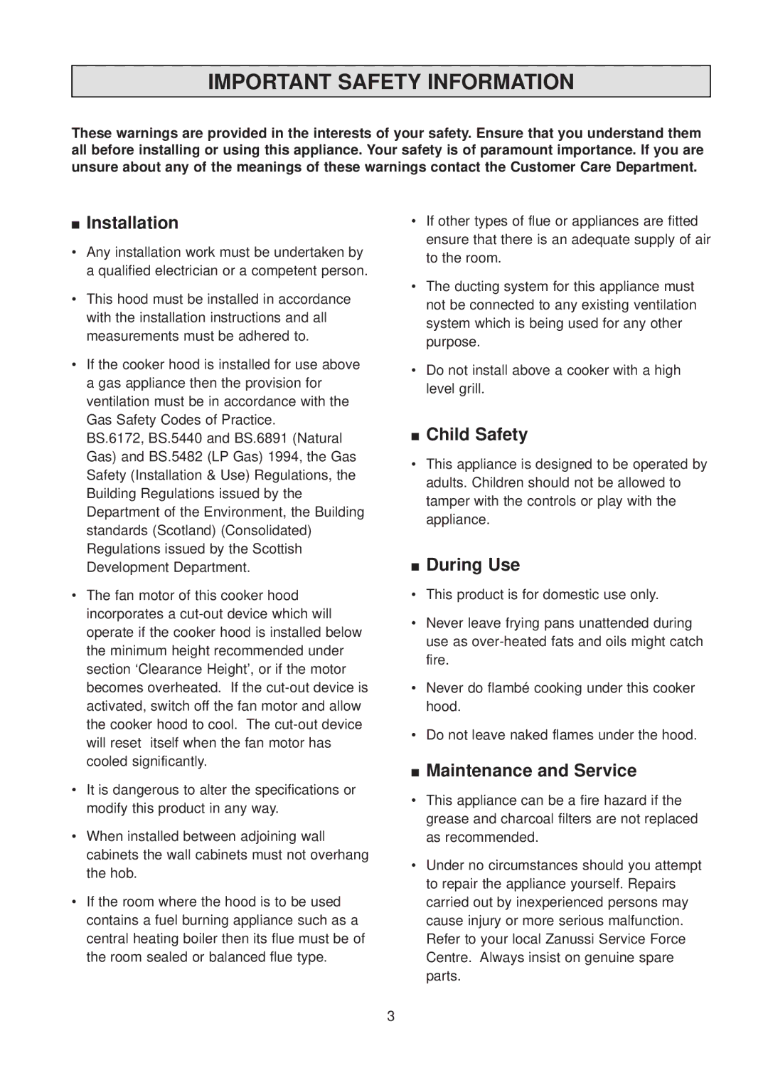 Zanussi TH 500 manual Important Safety Information, Installation, Child Safety, During Use, Maintenance and Service 