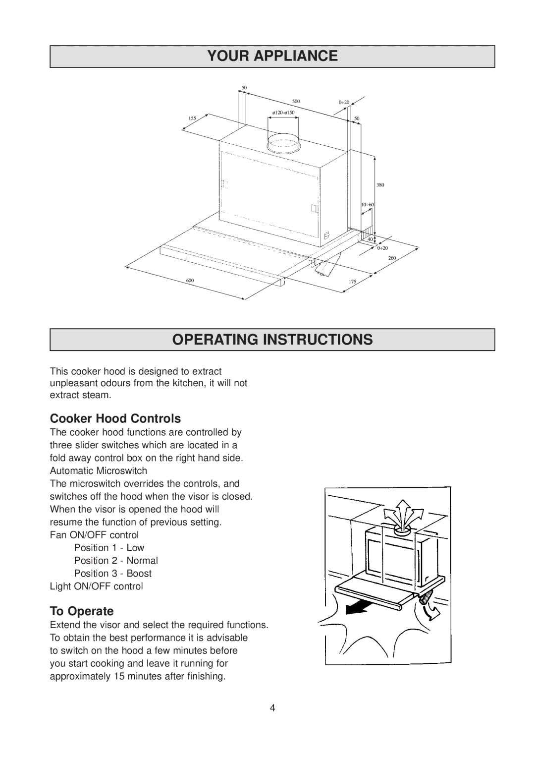 Zanussi TH 500 manual Your Appliance Operating Instructions, Cooker Hood Controls, To Operate 