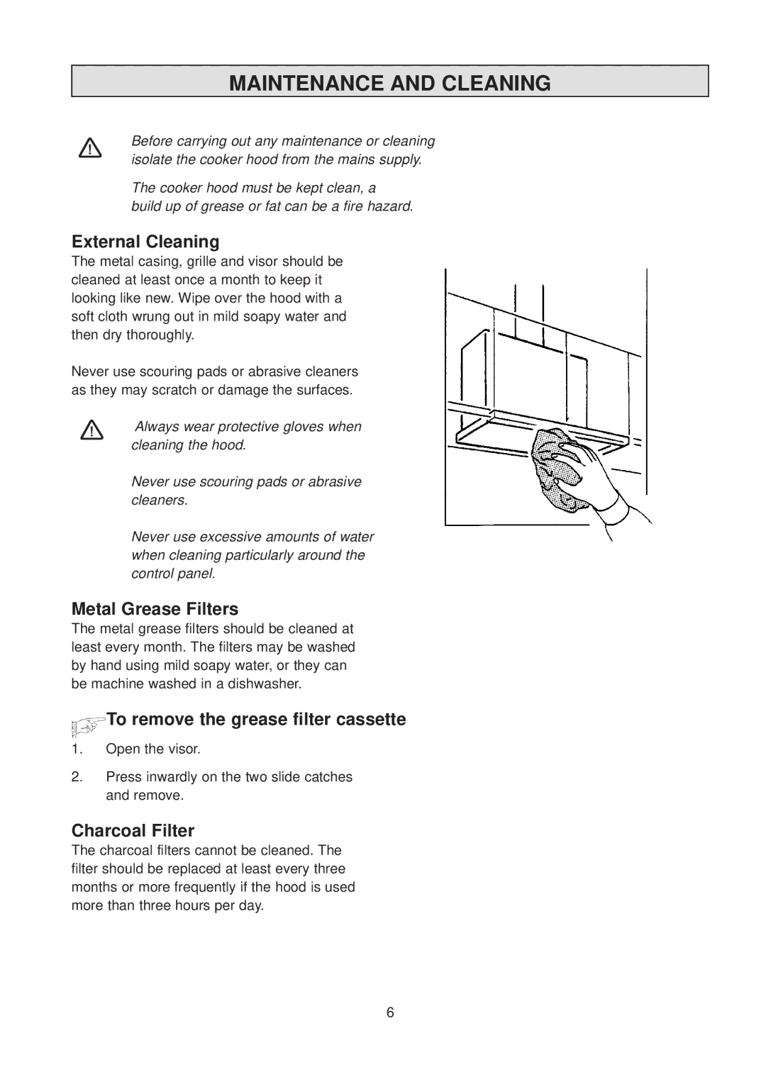 Zanussi TH 500 Maintenance and Cleaning, External Cleaning, Metal Grease Filters, KTo remove the grease filter cassette 