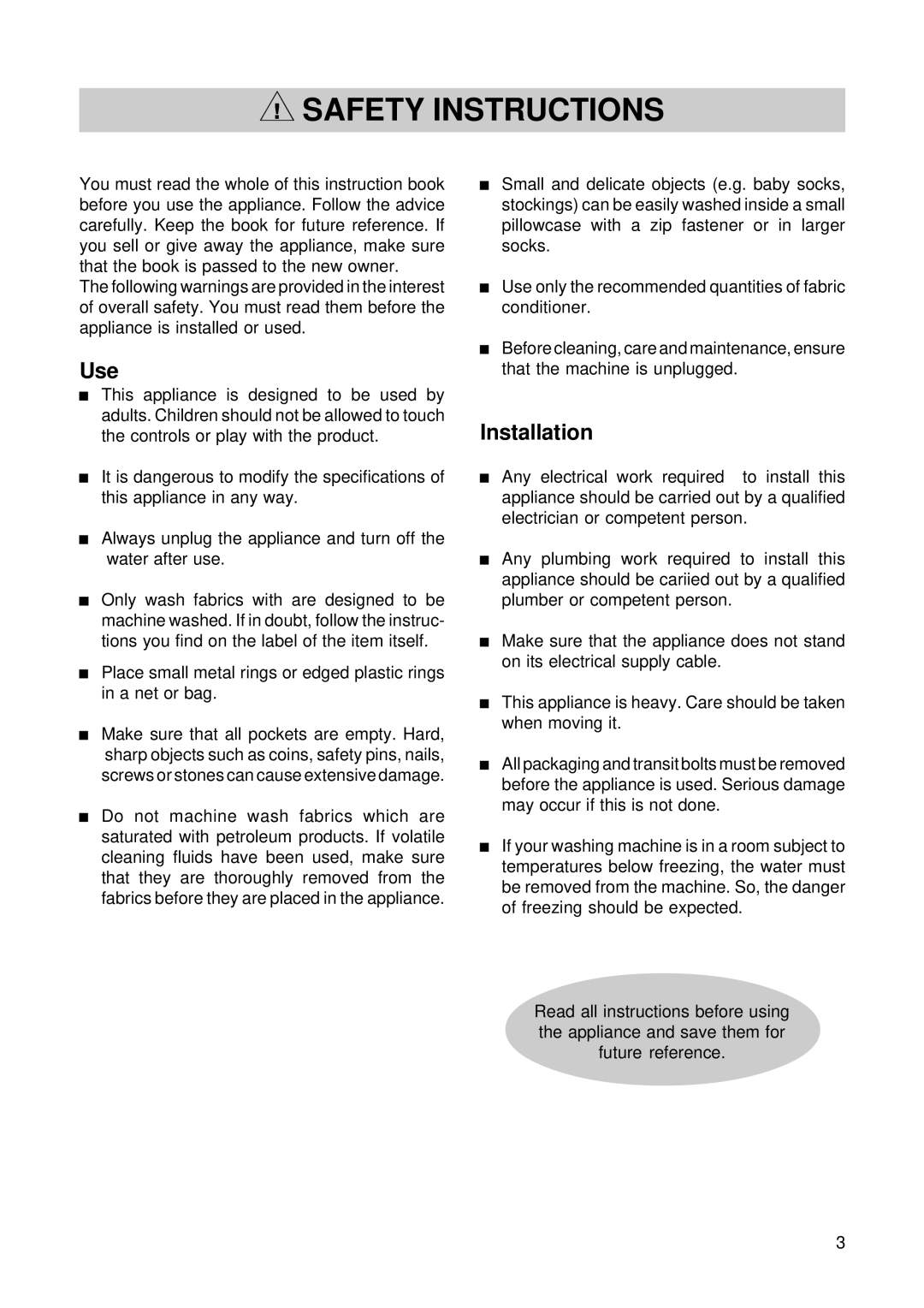 Zanussi TL 553 C manual Safety Instructions, Use, Installation 