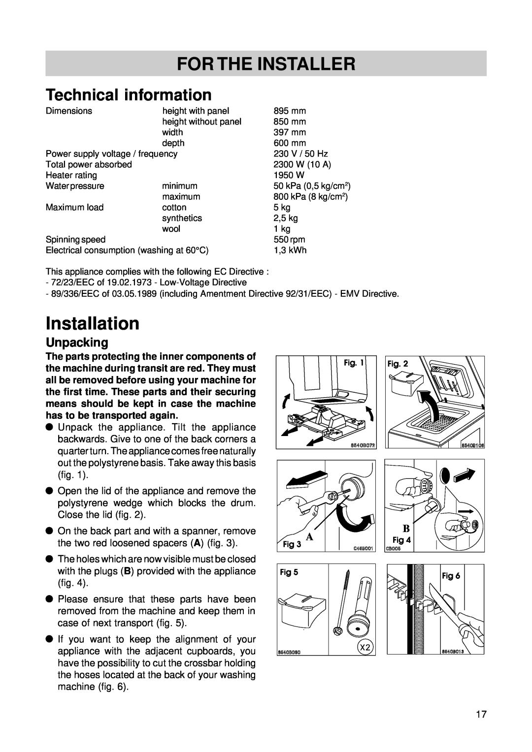 Zanussi TL 553 C manual For The Installer, Installation, Technical information, Unpacking 