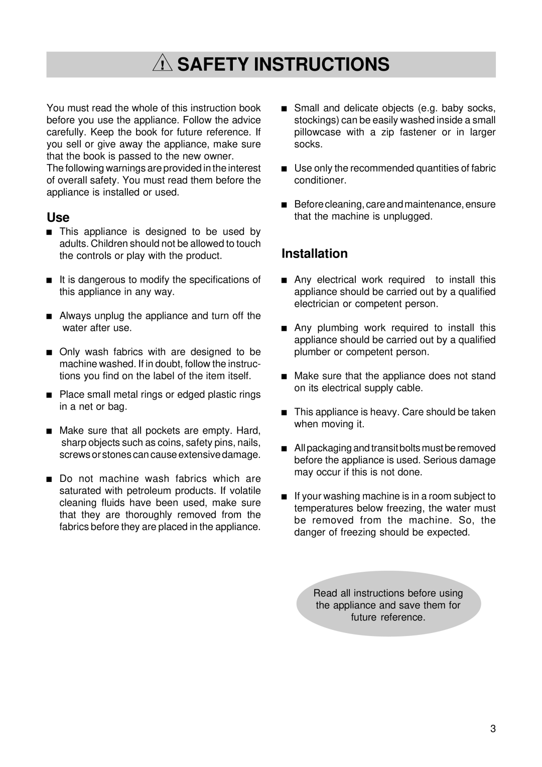 Zanussi TL 555 C manual Safety Instructions, Use, Installation 