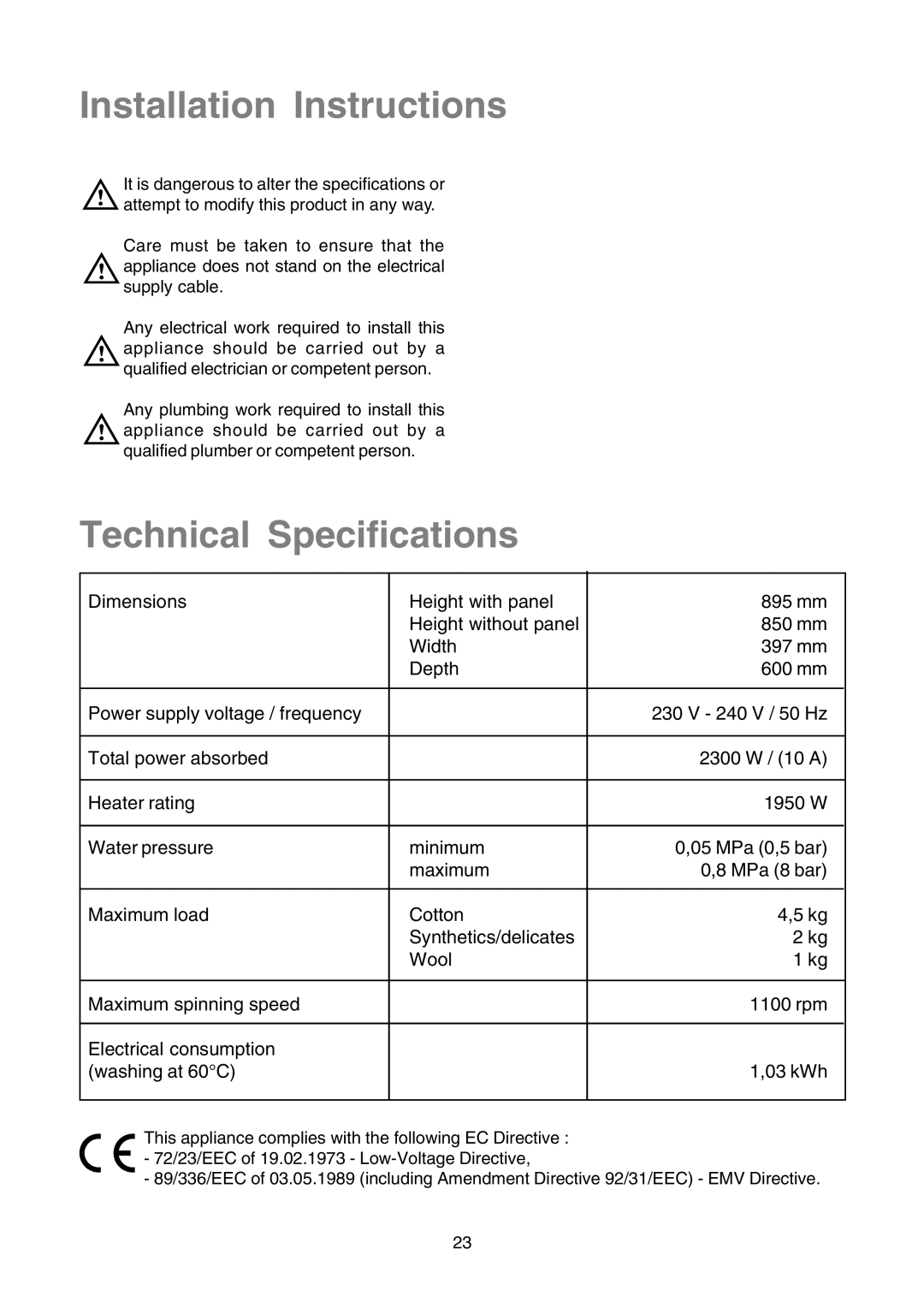 Zanussi TLE 1116 W manual Installation Instructions, Technical Specifications 