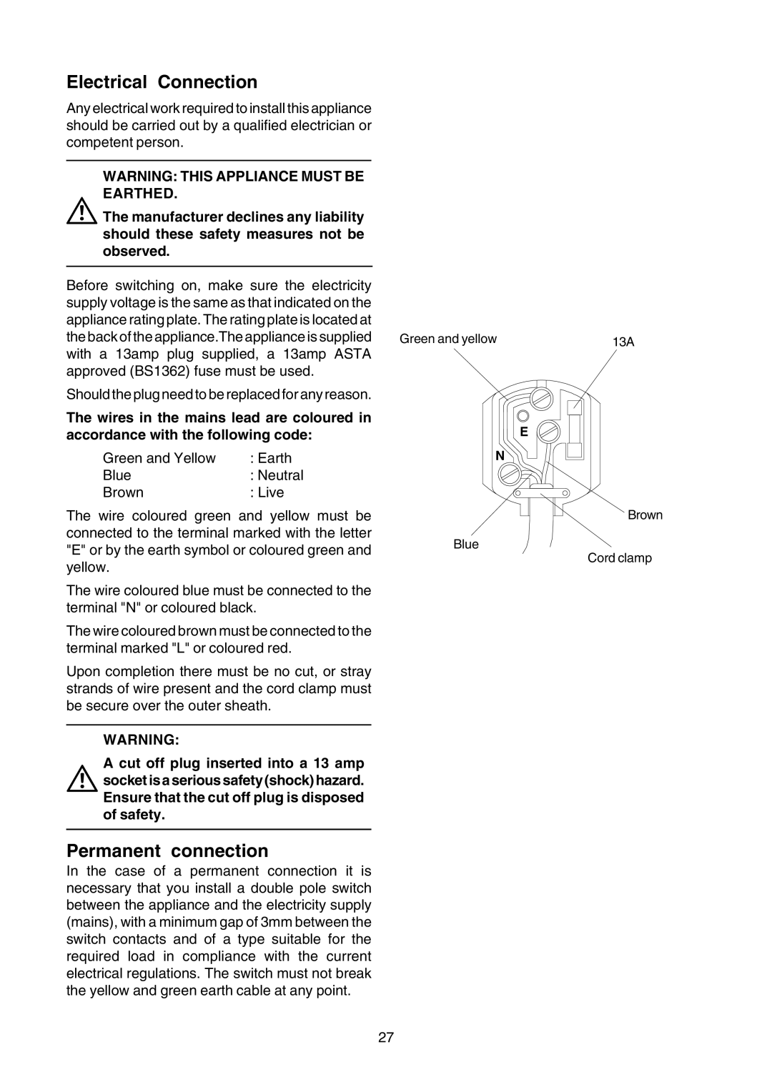 Zanussi TLE 1116 W manual Electrical Connection, Permanent connection 