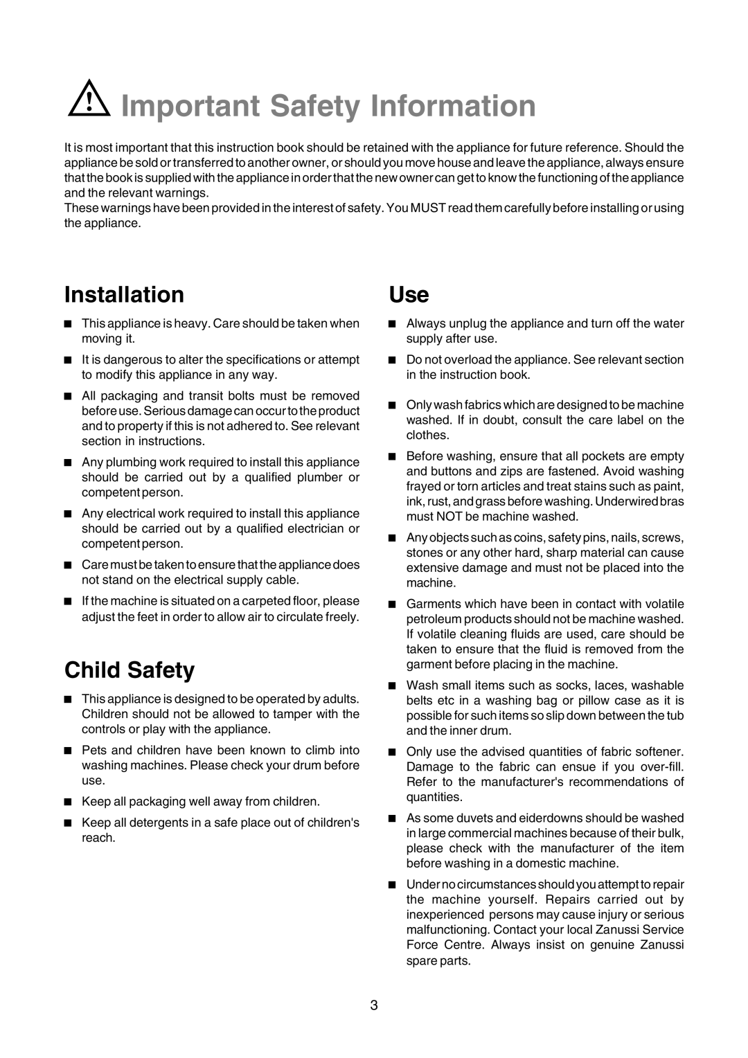 Zanussi TLE 1116 W manual Important Safety Information, InstallationUse 