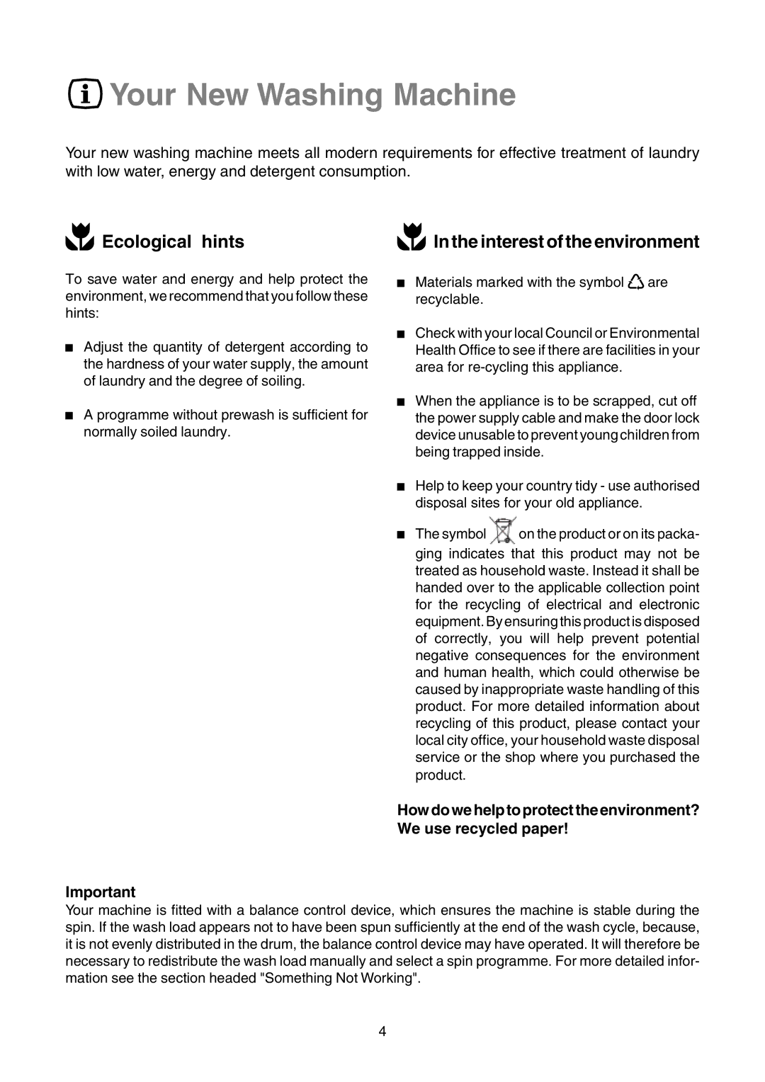 Zanussi TLE 1116 W manual Ecological hints, Interest of the environment 