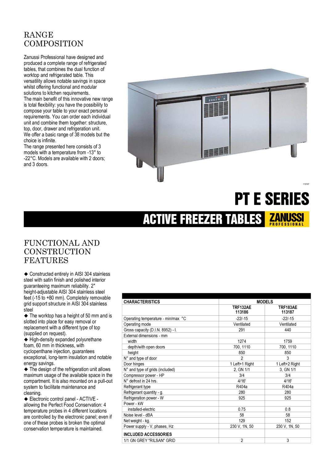 Zanussi TRF132AE, TRF183AE, 113186, 113187 dimensions PT E Series 