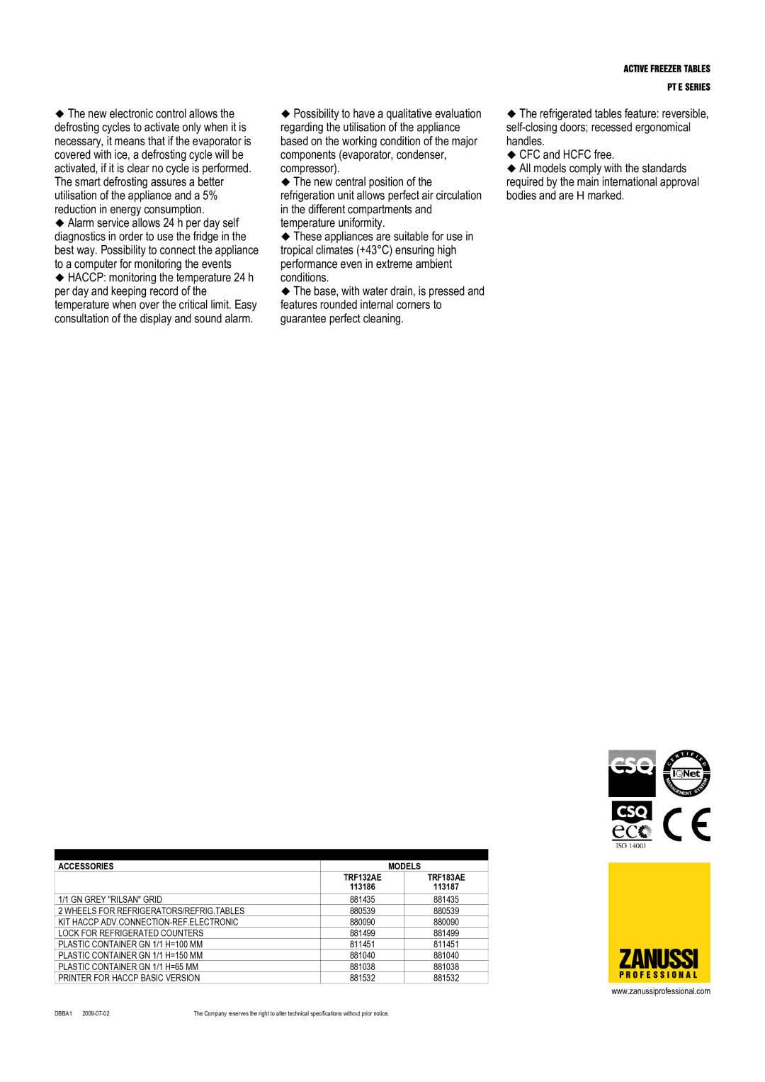 Zanussi 113186, TRF183AE, TRF132AE, 113187 dimensions Zanussi 