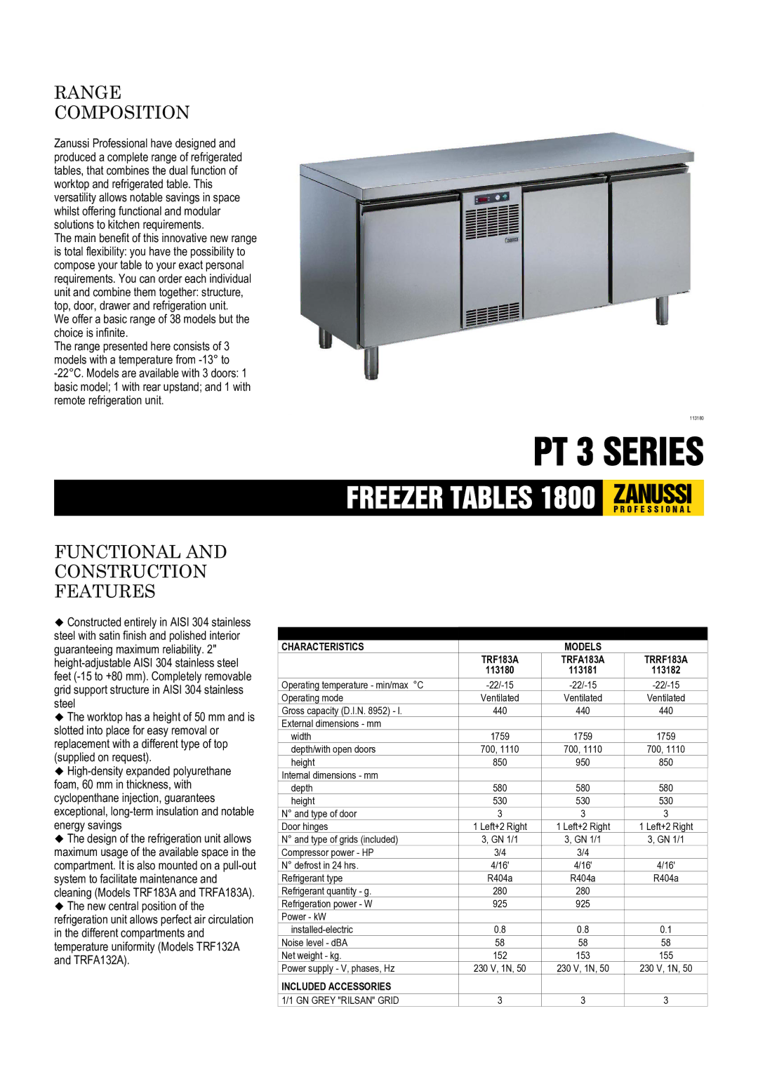 Zanussi TRF183A, TRFA183A, TRRF183A, 113180, 113182, 113181 dimensions PT 3 Series 