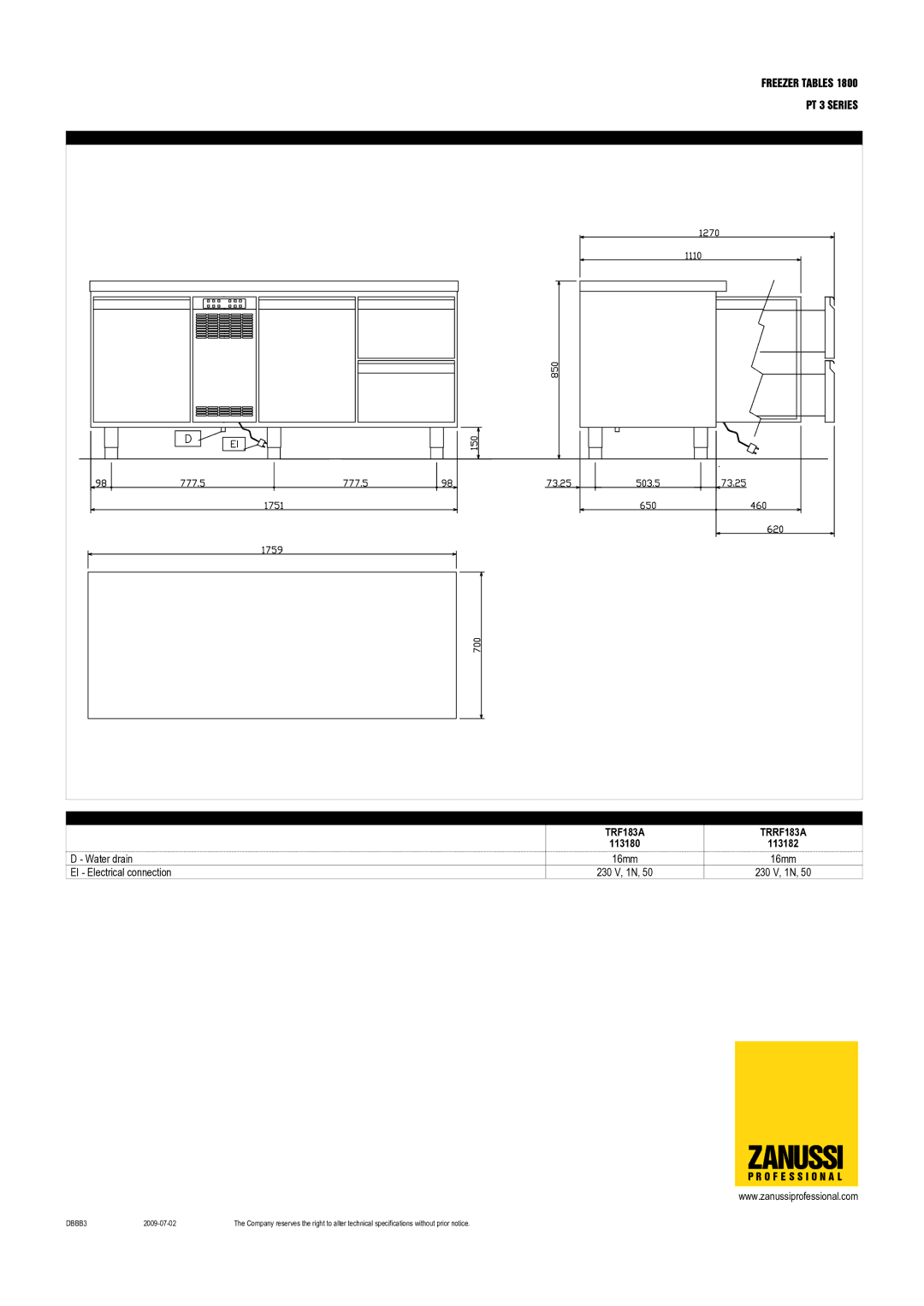 Zanussi 113180, TRFA183A, TRF183A, TRRF183A, 113182, 113181 dimensions Zanussi 