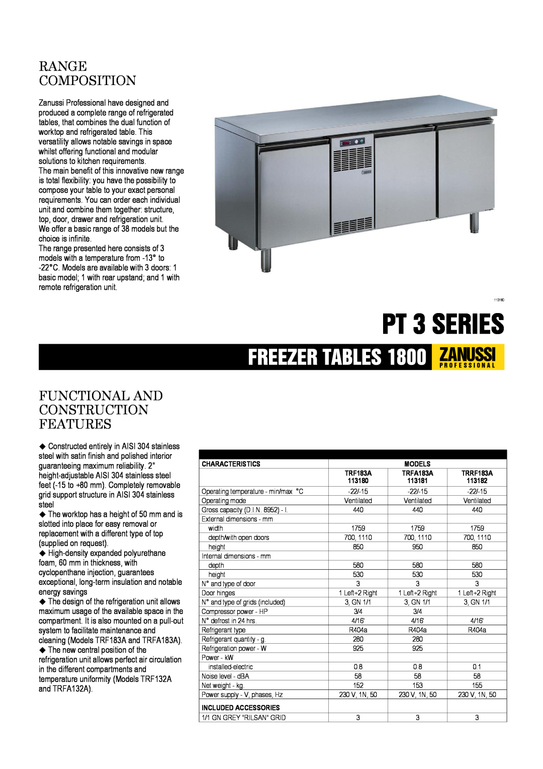 Zanussi TRF183A, TRFA183A, TRRF183A, 113180 dimensions PT 3 SERIES, Range Composition, Functional And Construction Features 