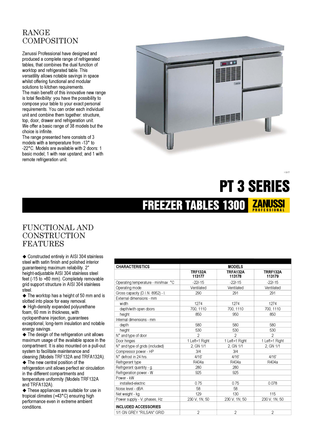 Zanussi TRFA132A, TRRF132A, TRF132A, 113178, 113179, 113177 dimensions PT 3 Series 