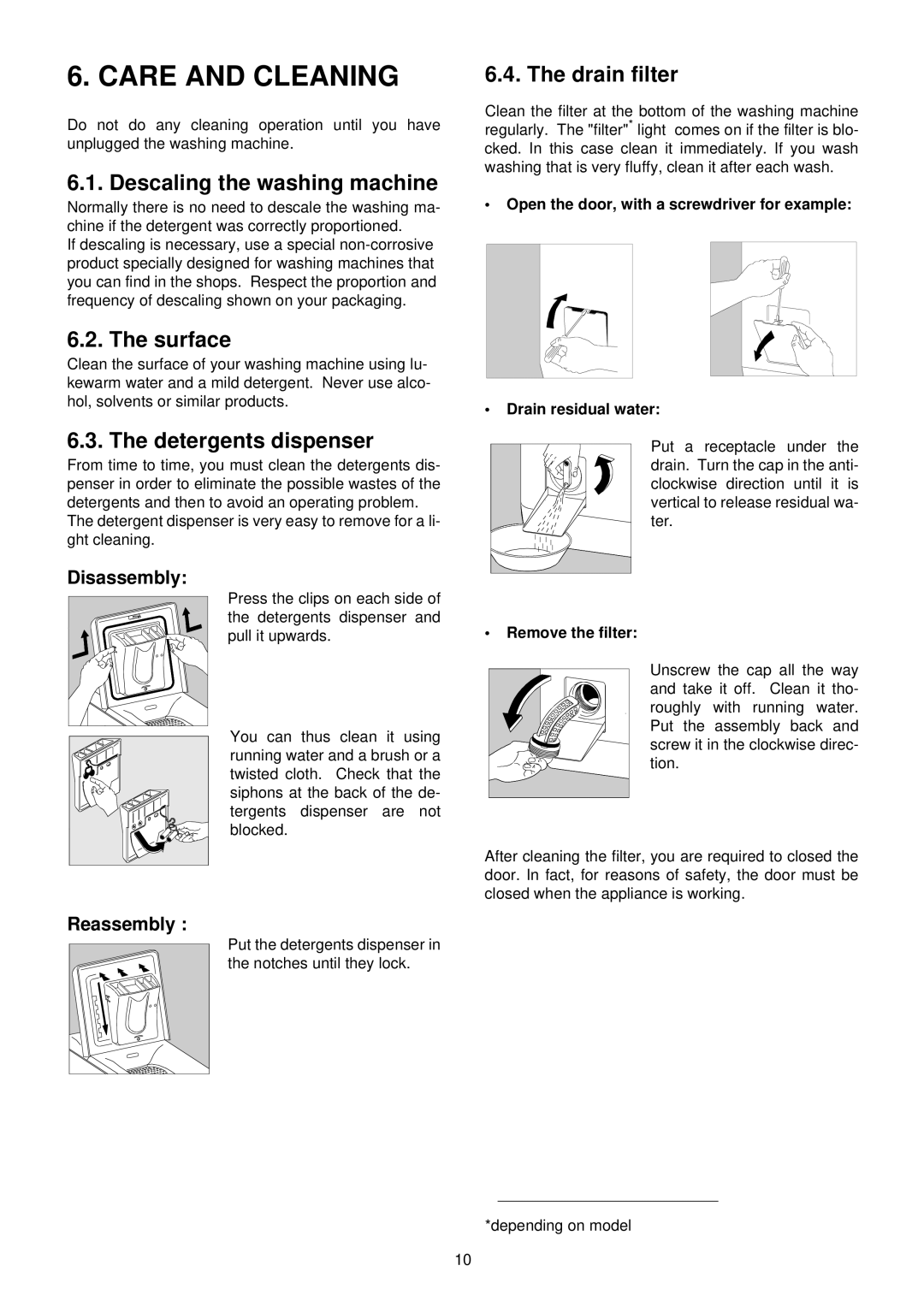 Zanussi TSE 1062 V, TSE 1262 V manual Care and Cleaning, Descaling the washing machine, Surface, Drain filter 